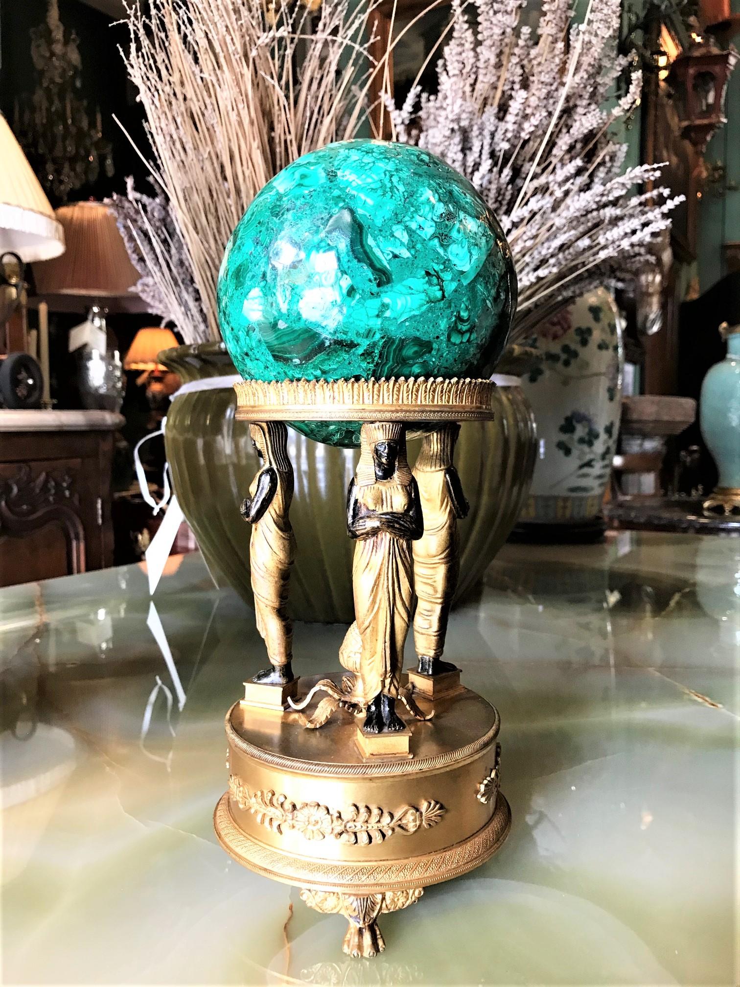 Hand-Crafted Empire Style Malachite on a Bronze Doré Gilded Stand Desk Decorative Object LA For Sale