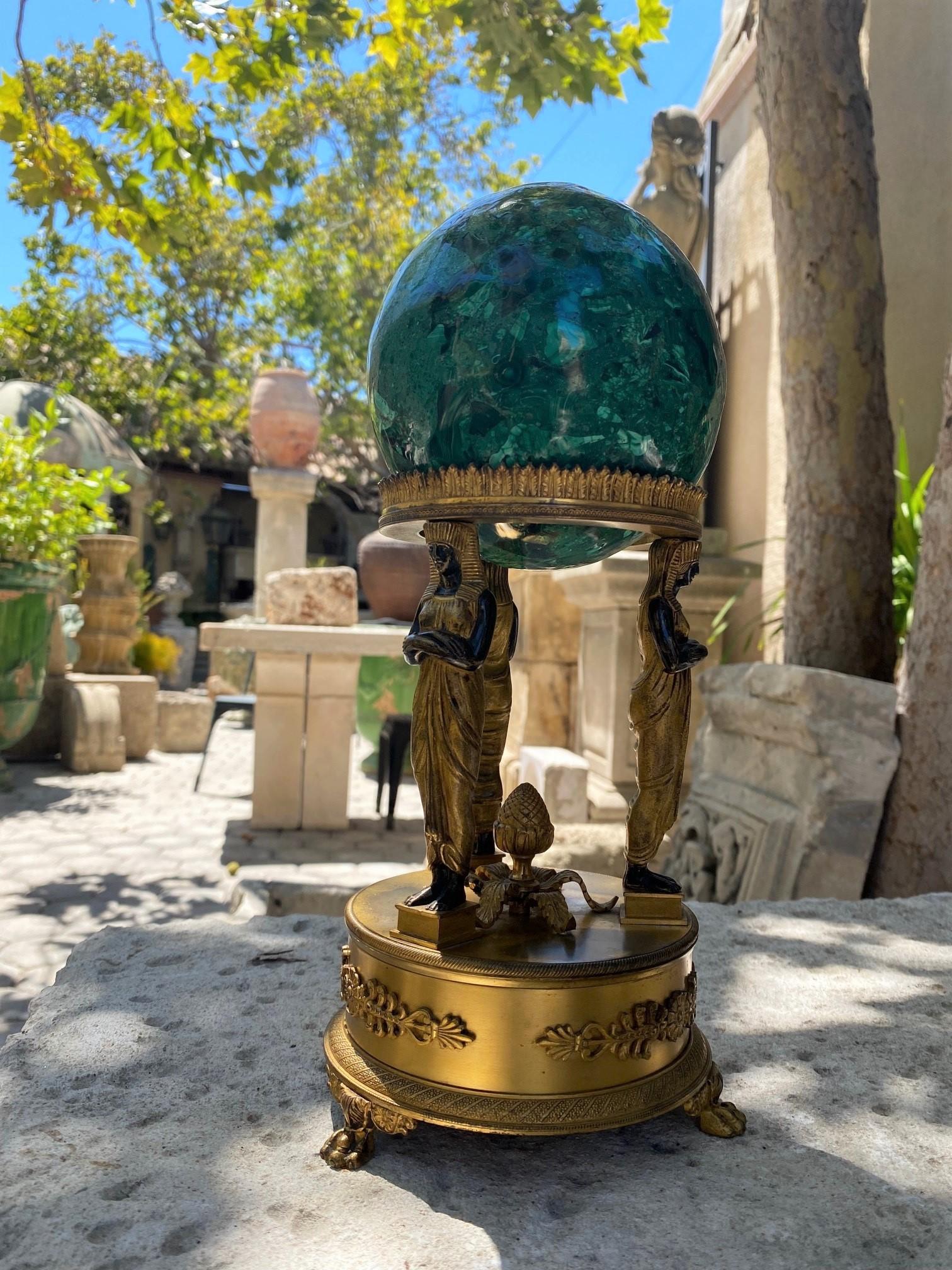 Empire Style Malachite on a Bronze Doré Gilded Stand Desk Decorative Object LA In Good Condition For Sale In West Hollywood, CA