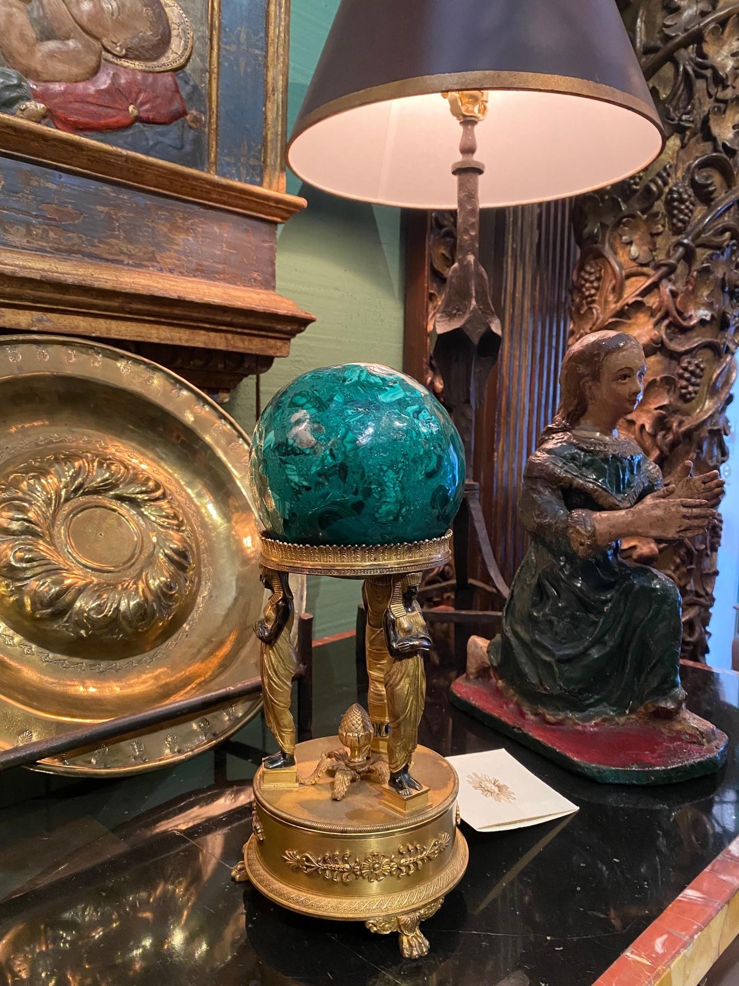 19th Century Empire Style Malachite on a Bronze Doré Gilded Stand Desk Decorative Object LA For Sale