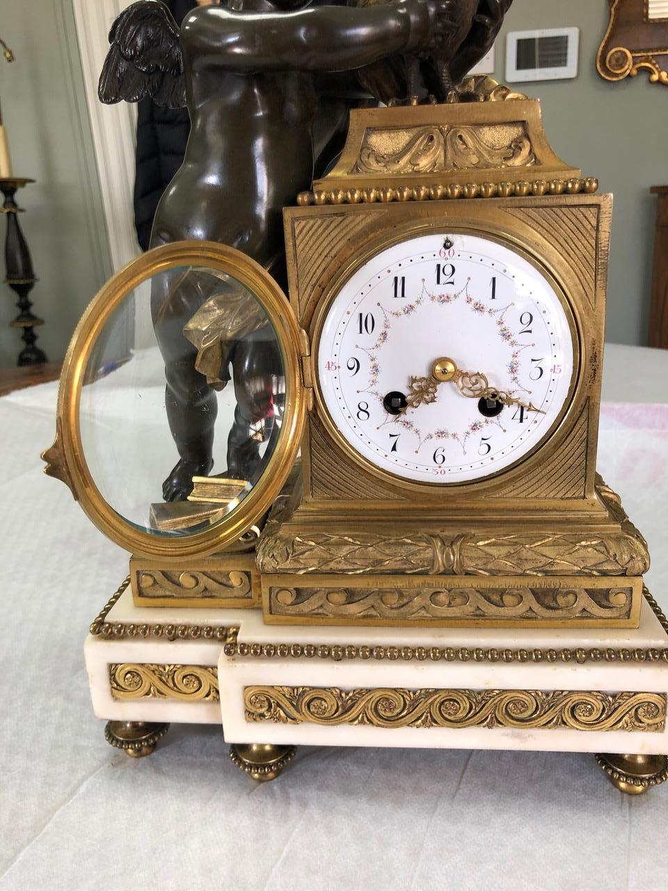 Bronze Empire Style Mantel Clock with White Marble Base, 1860 For Sale