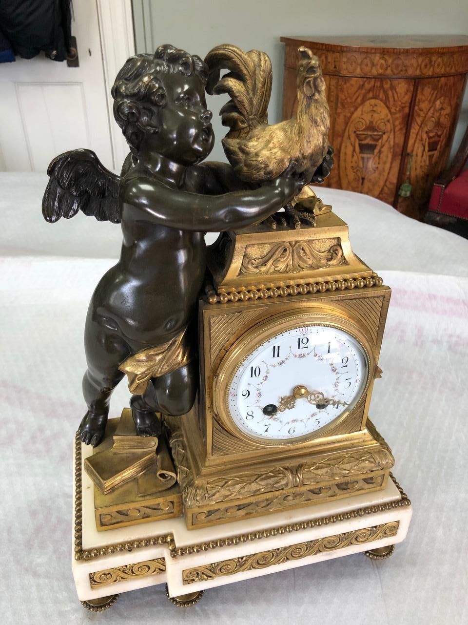 Empire Style Mantel Clock with White Marble Base, 1860 For Sale 1