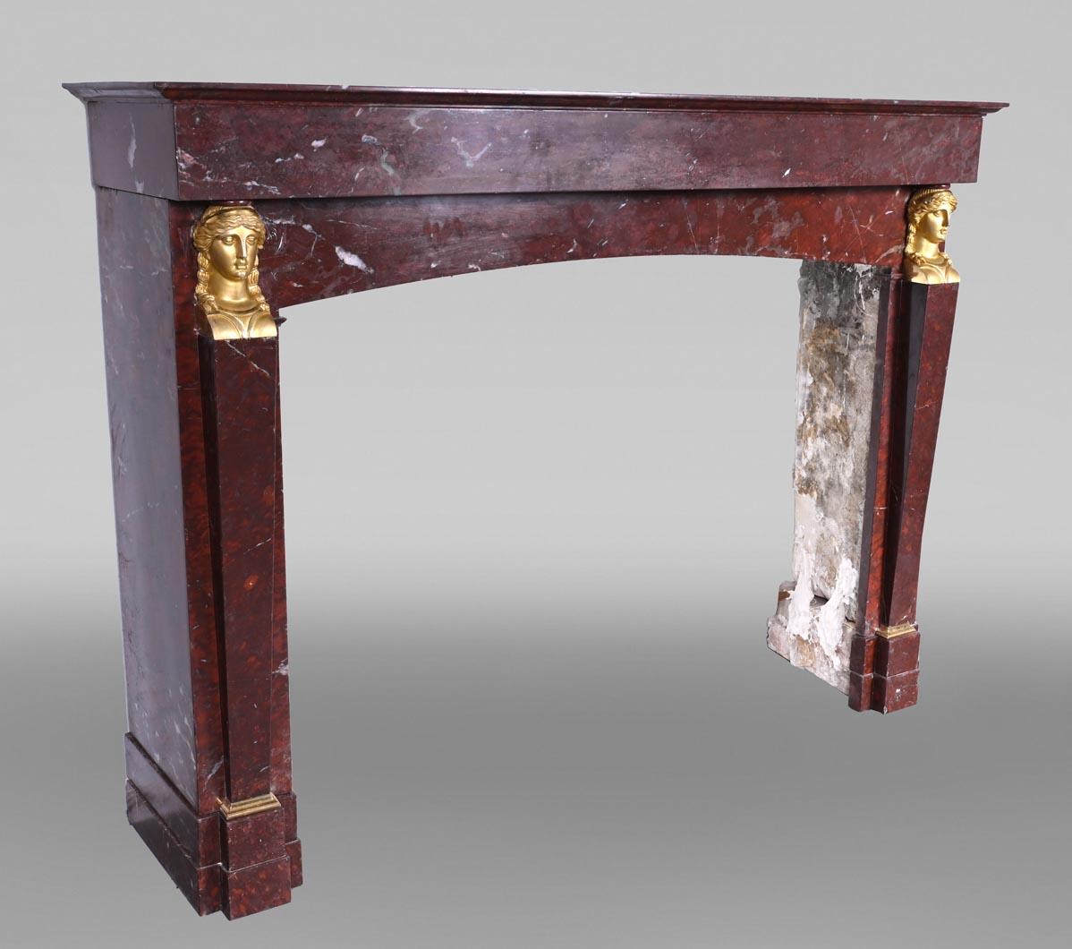 Hand-Carved Empire style mantel in Rouge Griotte marble, bronzes ( attributed to Thomire ) For Sale