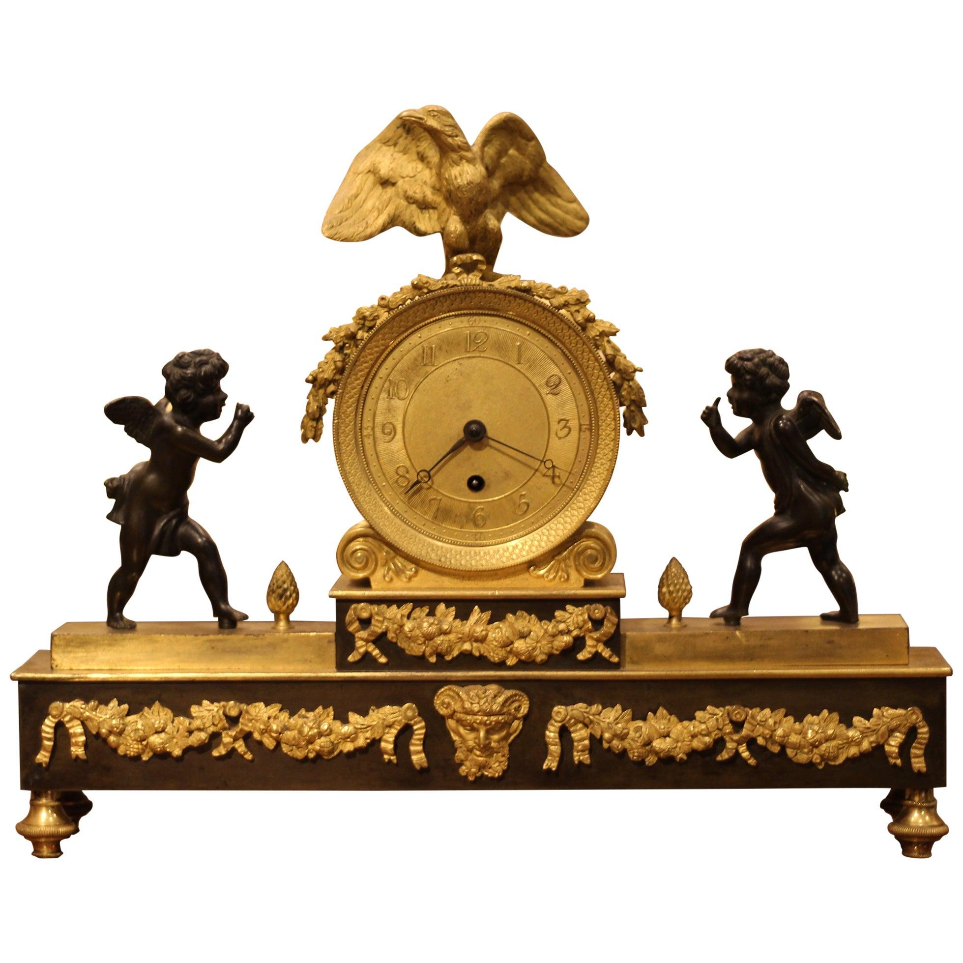 Empire Style Mantle Clock with Gilt Bronze and Bronze Adornments For Sale