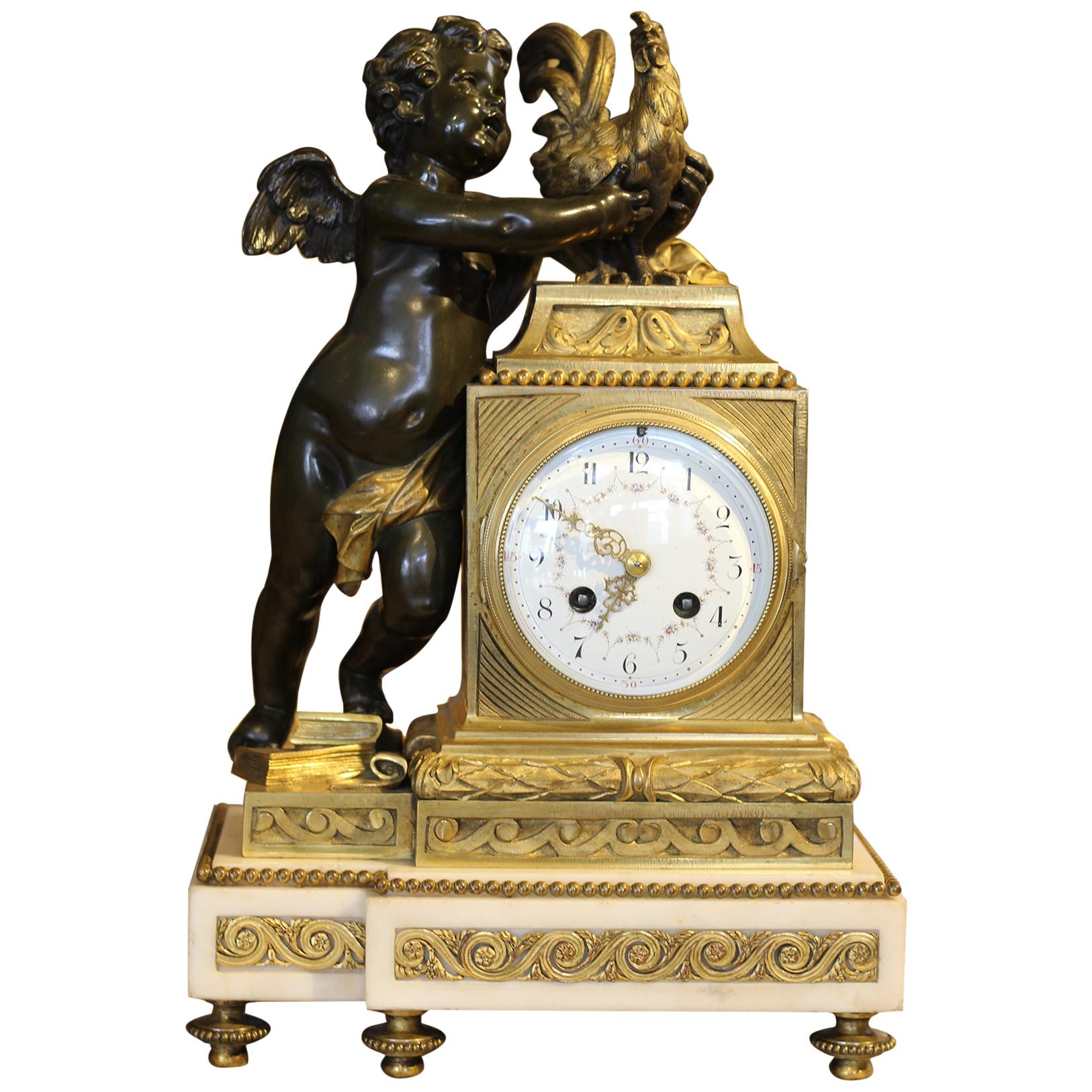 Empire Style Mantel Clock with White Marble Base, 1860 For Sale