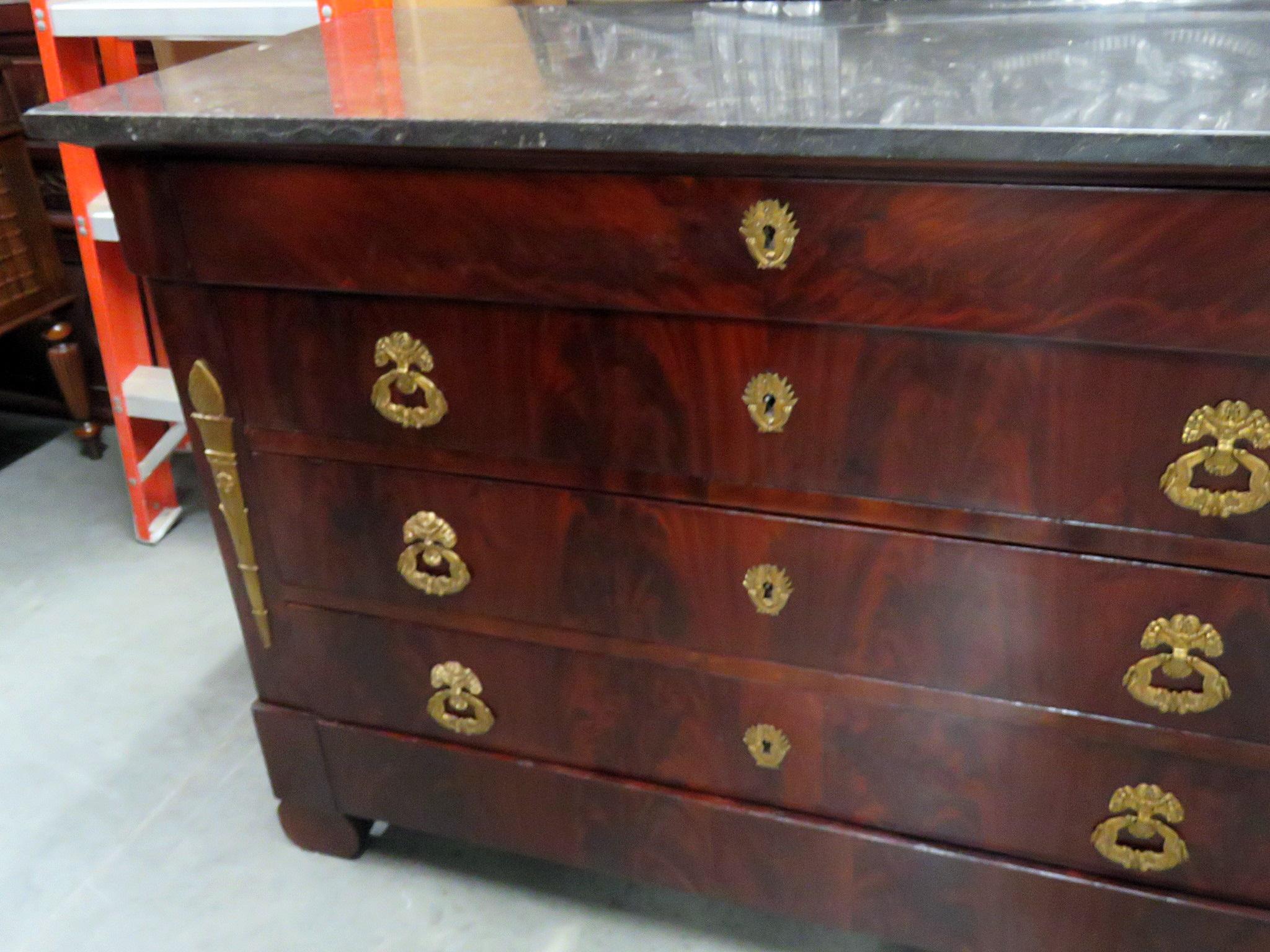 Flame Mahogany Bronze Mounted Empire Style Marble Top Commode C1880 In Good Condition In Swedesboro, NJ