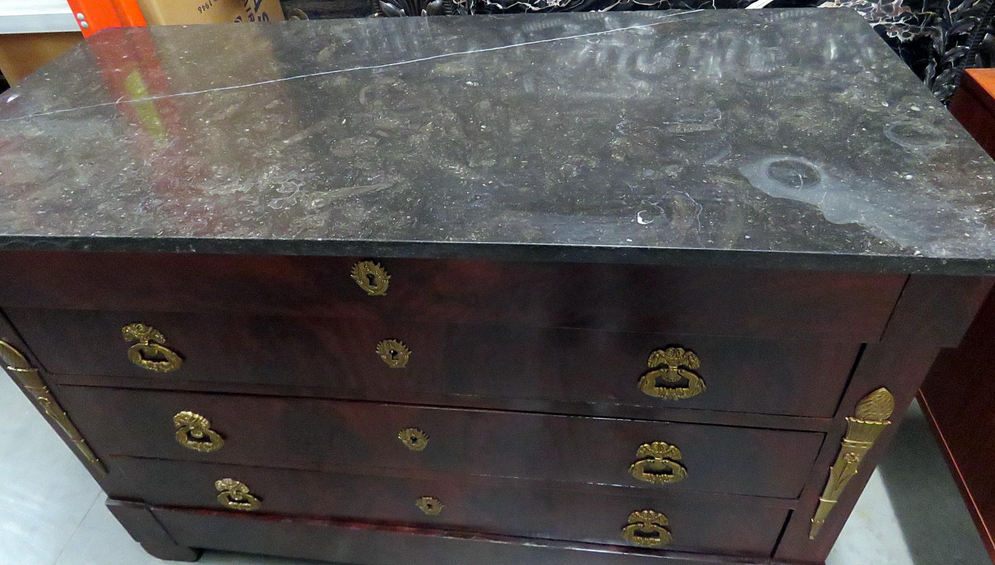 20th Century Flame Mahogany Bronze Mounted Empire Style Marble Top Commode C1880