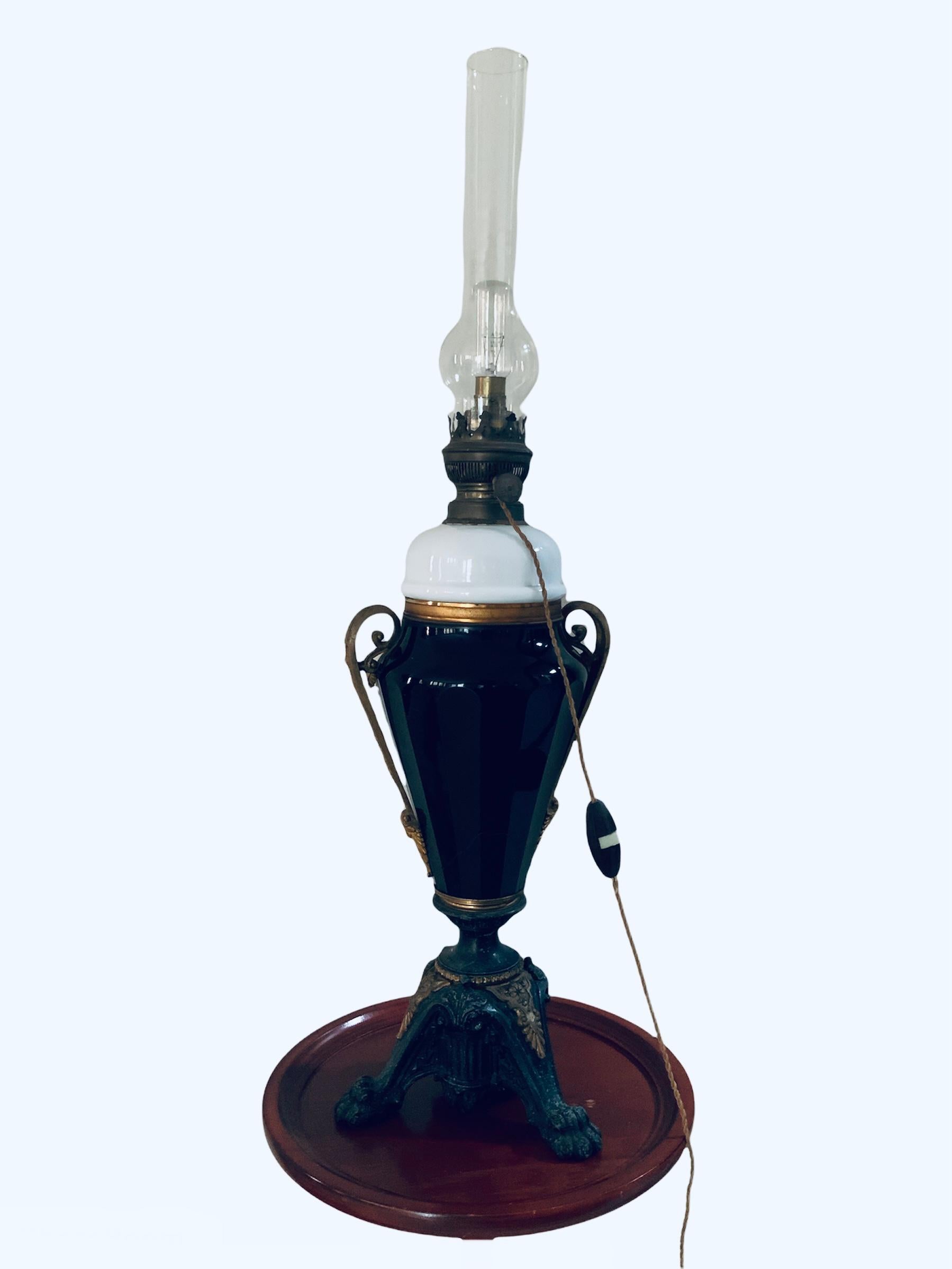 Empire Style Metal Opaline Noire Glass Electrical Converted Oil Lamp For Sale 3