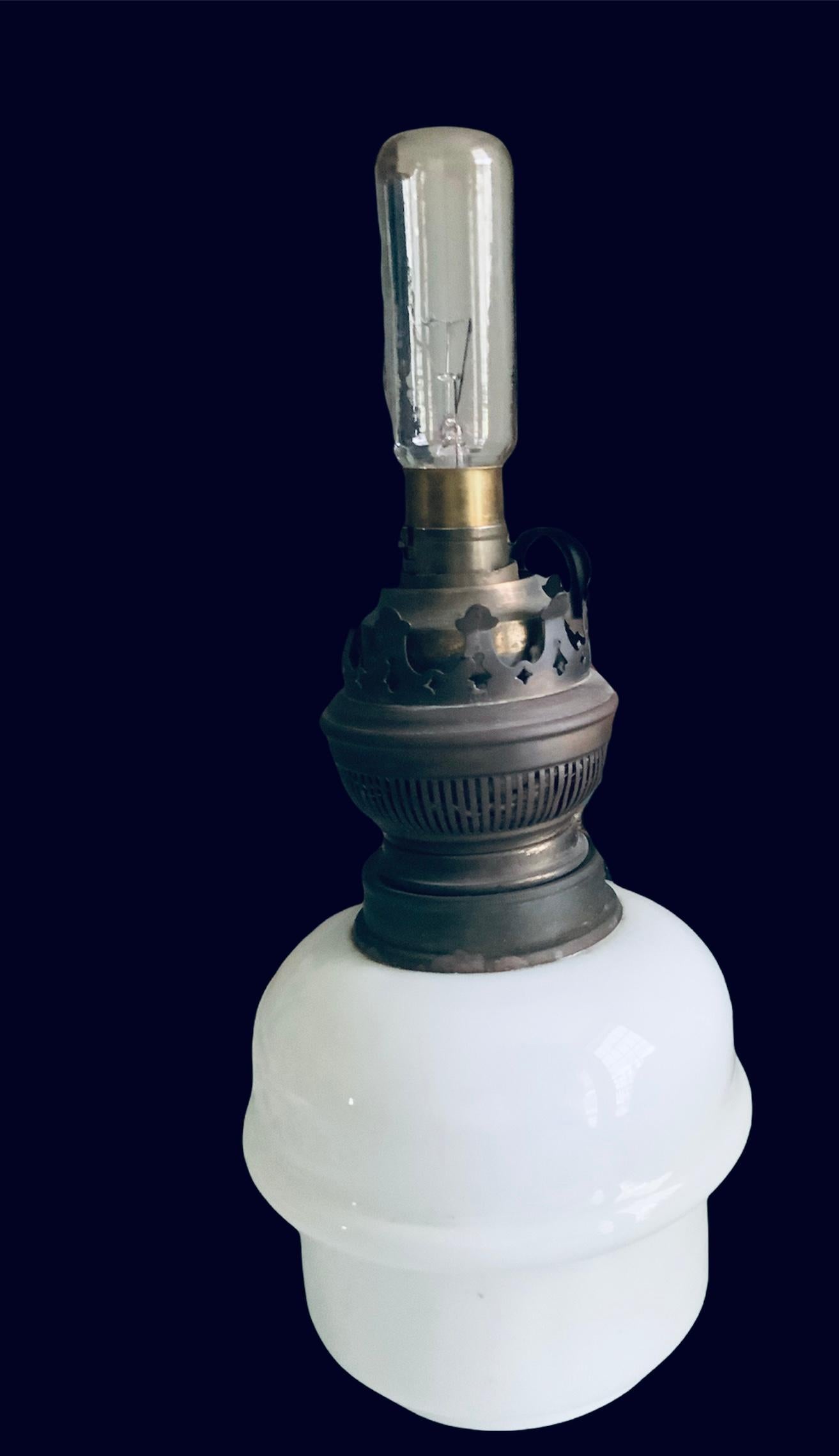 Unknown Empire Style Metal Opaline Noire Glass Electrical Converted Oil Lamp For Sale