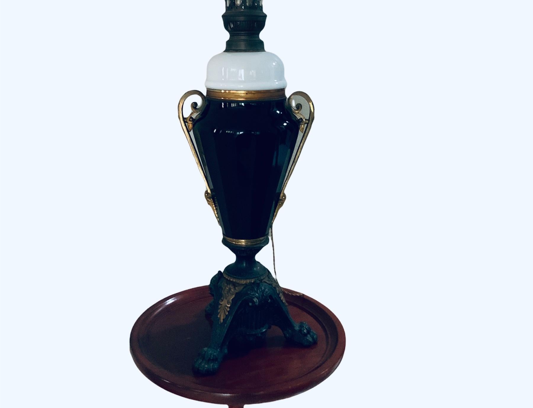 Empire Style Metal Opaline Noire Glass Electrical Converted Oil Lamp In Good Condition For Sale In Guaynabo, PR