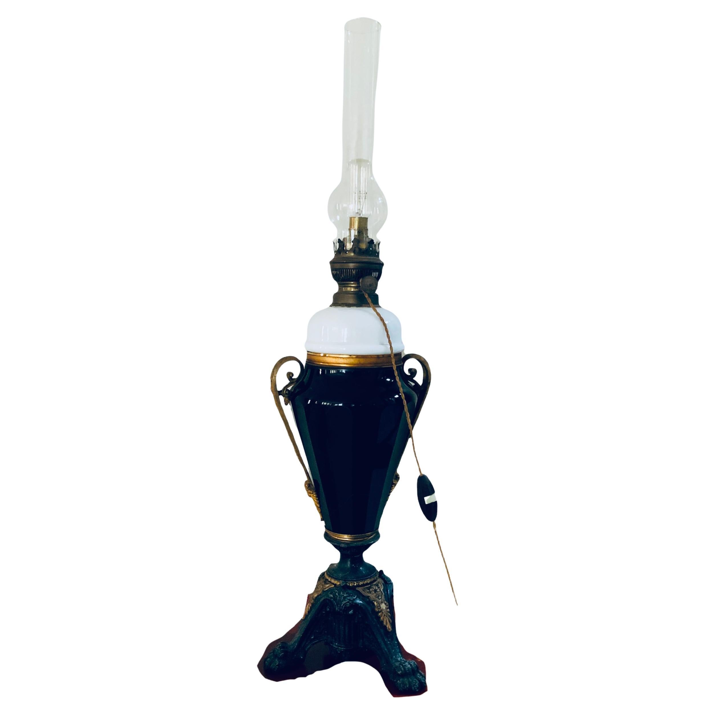 Empire Style Metal Opaline Noire Glass Electrical Converted Oil Lamp For Sale