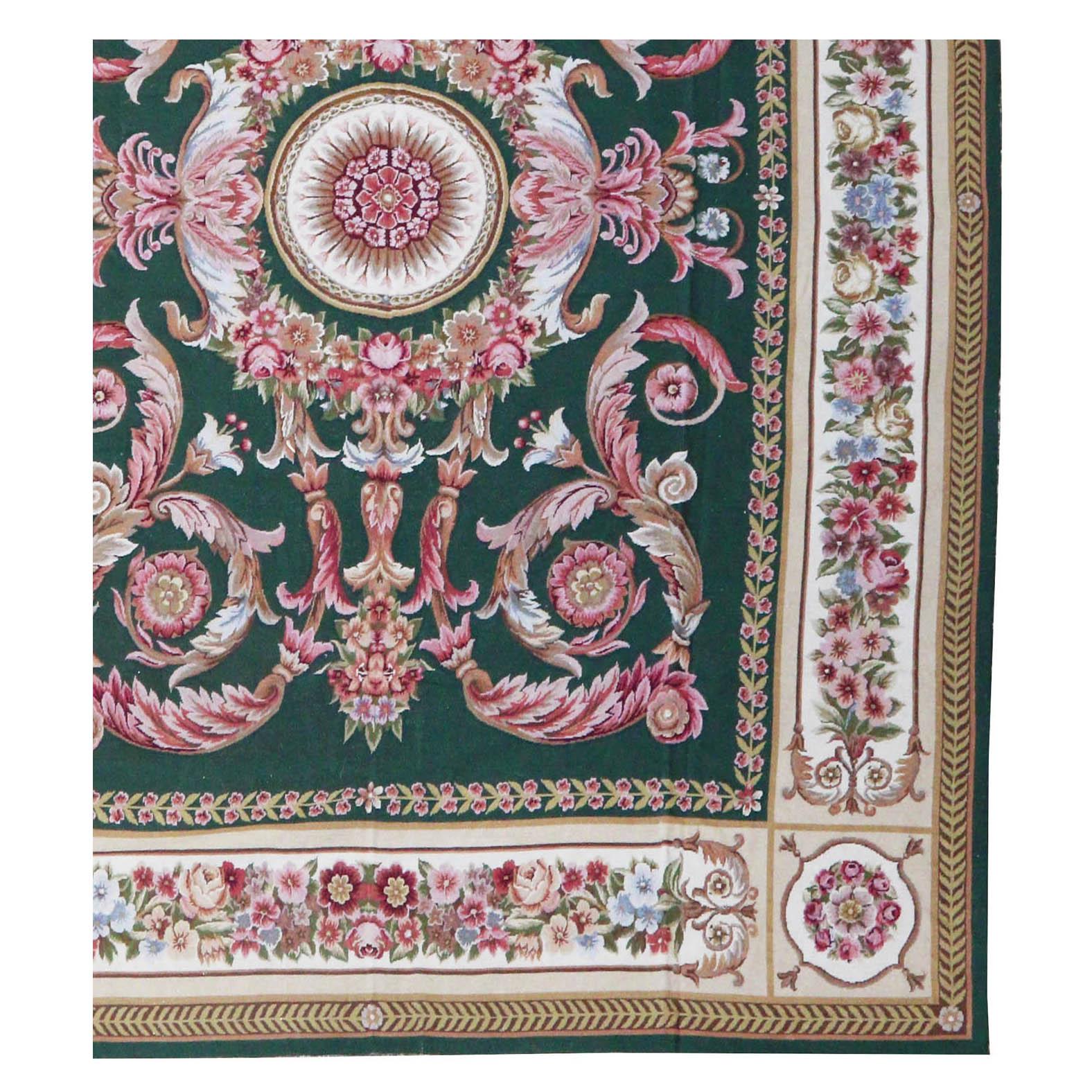 Portuguese Empire Style Needlework Rug in Green and Pink For Sale