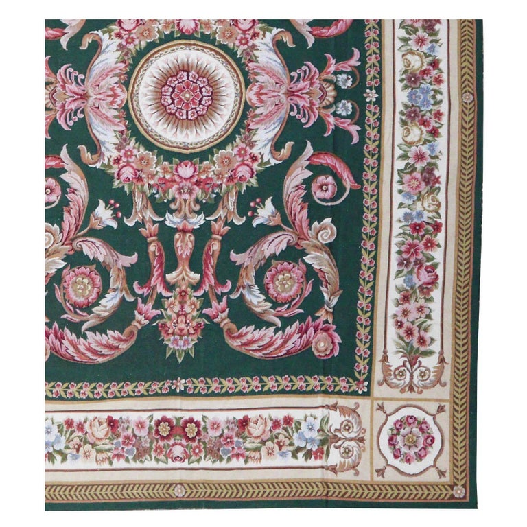 Empire Style Rug Empire Style Needlework Rug in Green and Pink For Sale at 1stDibs