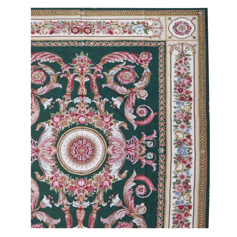 Empire Style Rug Empire Style Needlework Rug in Green and Pink For Sale at 1stDibs