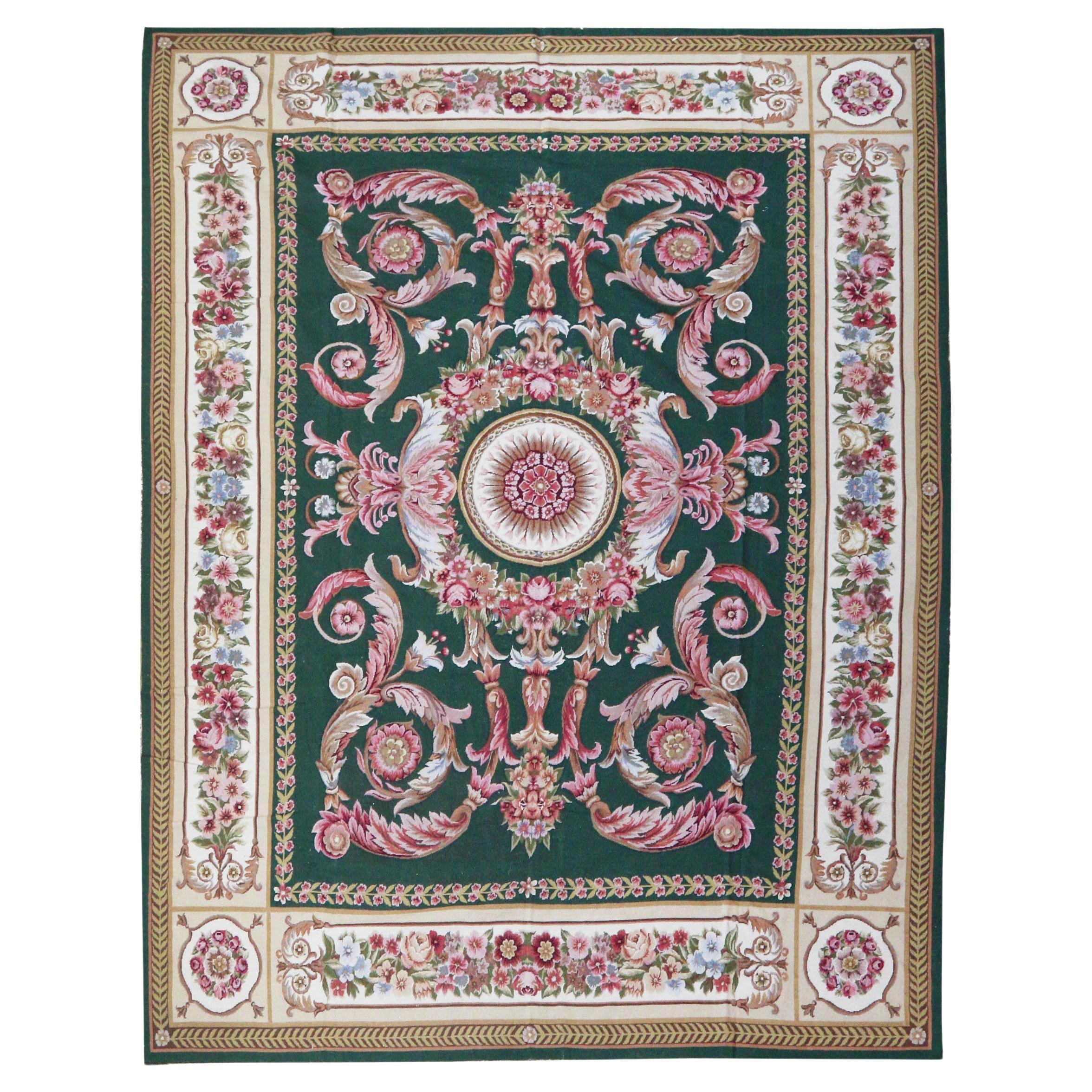 Empire Style Needlework Rug in Green and Pink For Sale