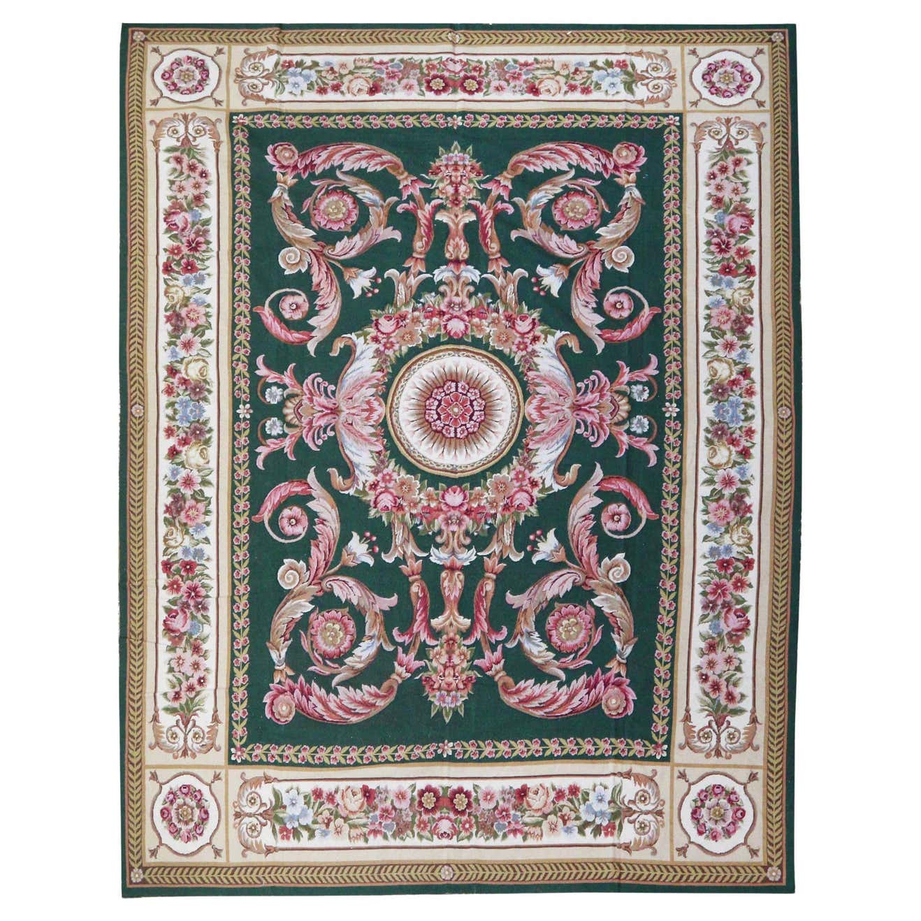 Empire Style Needlework Rug in Green and Pink For Sale at 1stDibs
