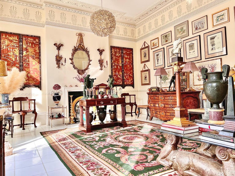 Empire Style Rug Empire Style Needlework Rug in Green and Pink For Sale at 1stDibs