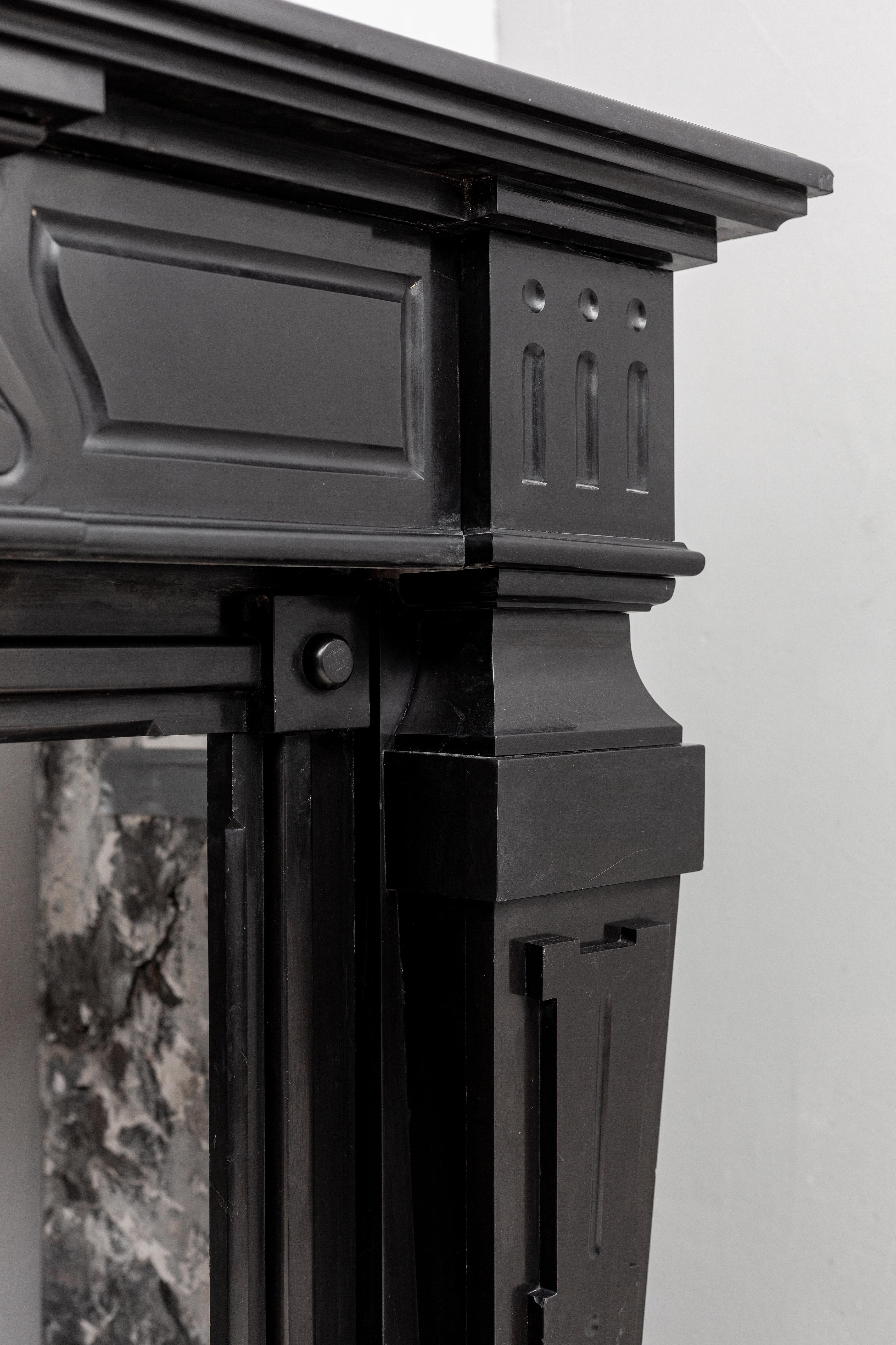 Hand-Carved Empire Style Noir de Mazy Black Marble Antique Fireplace For Sale