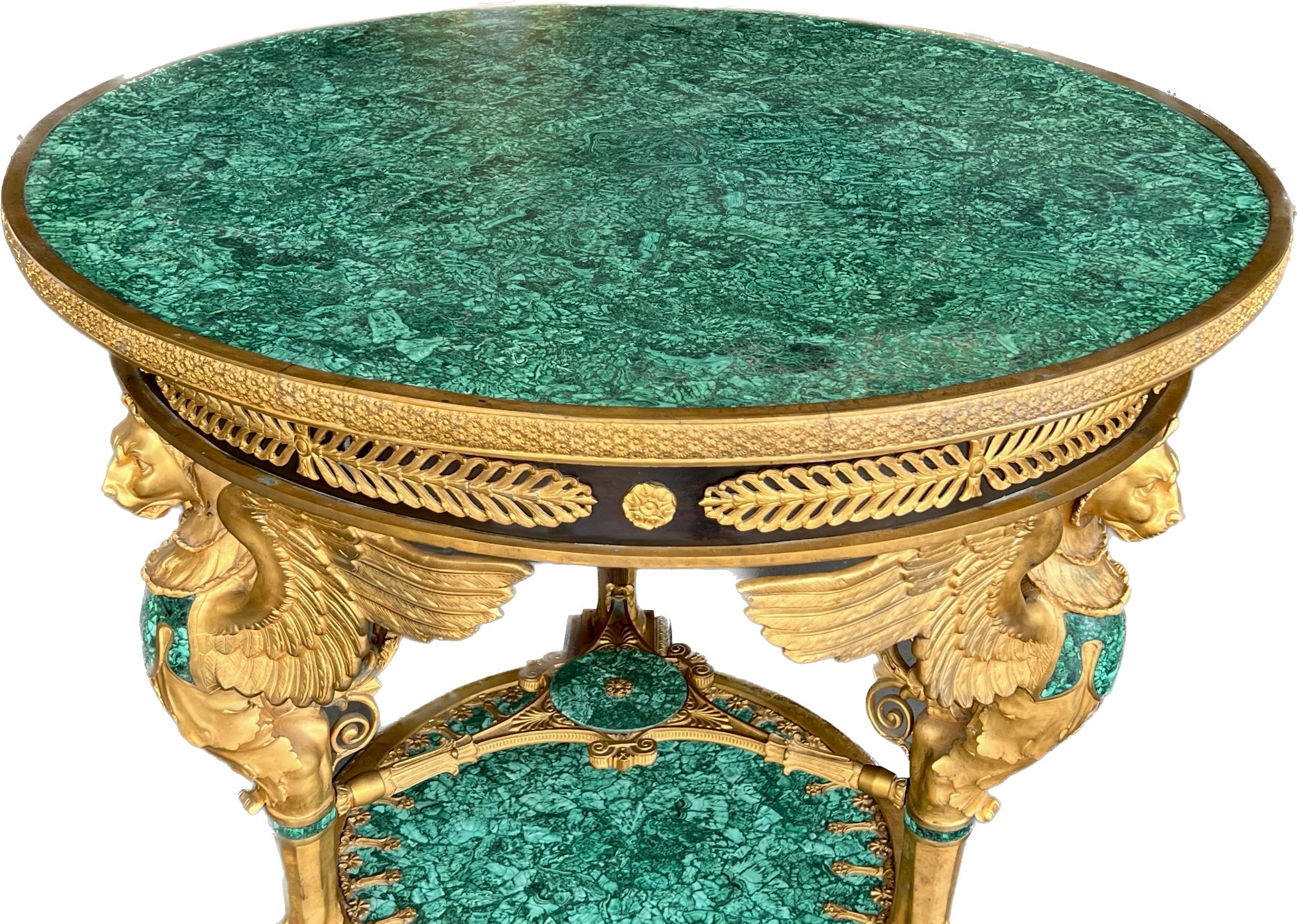 Français Table centrale de style Empire en bronze doré et malachite en vente