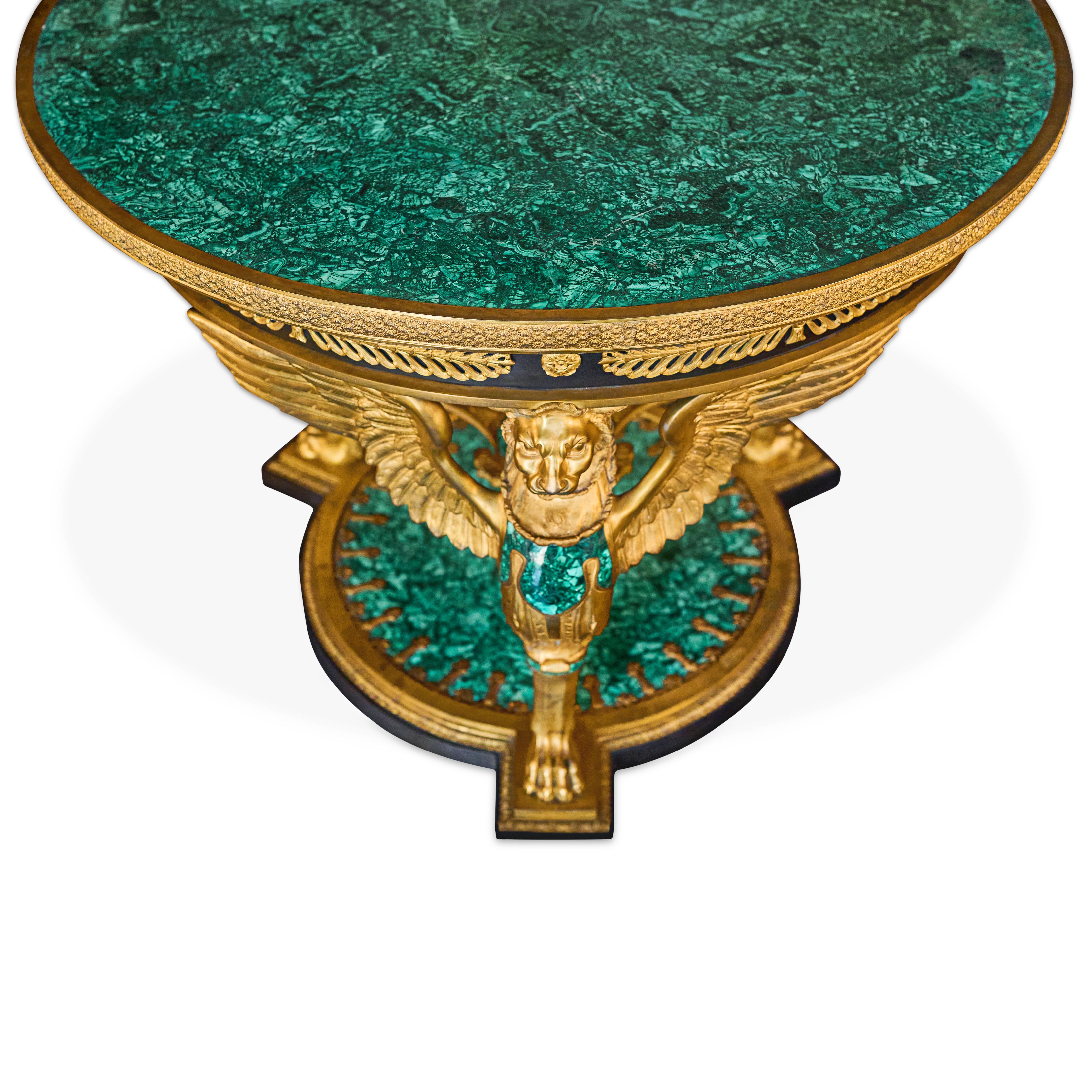 Table centrale de style Empire en bronze doré et malachite en vente 2