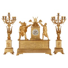 Vintage Empire Style Ormolu Clock Set Depicting the Oath of the Horatii