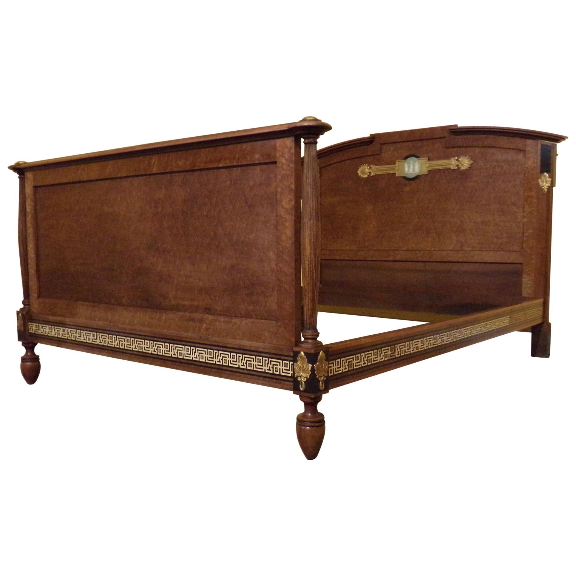 Empire Style Ormolu Mounted Bed in Bird’s-Eye Maple with Plaque For Sale