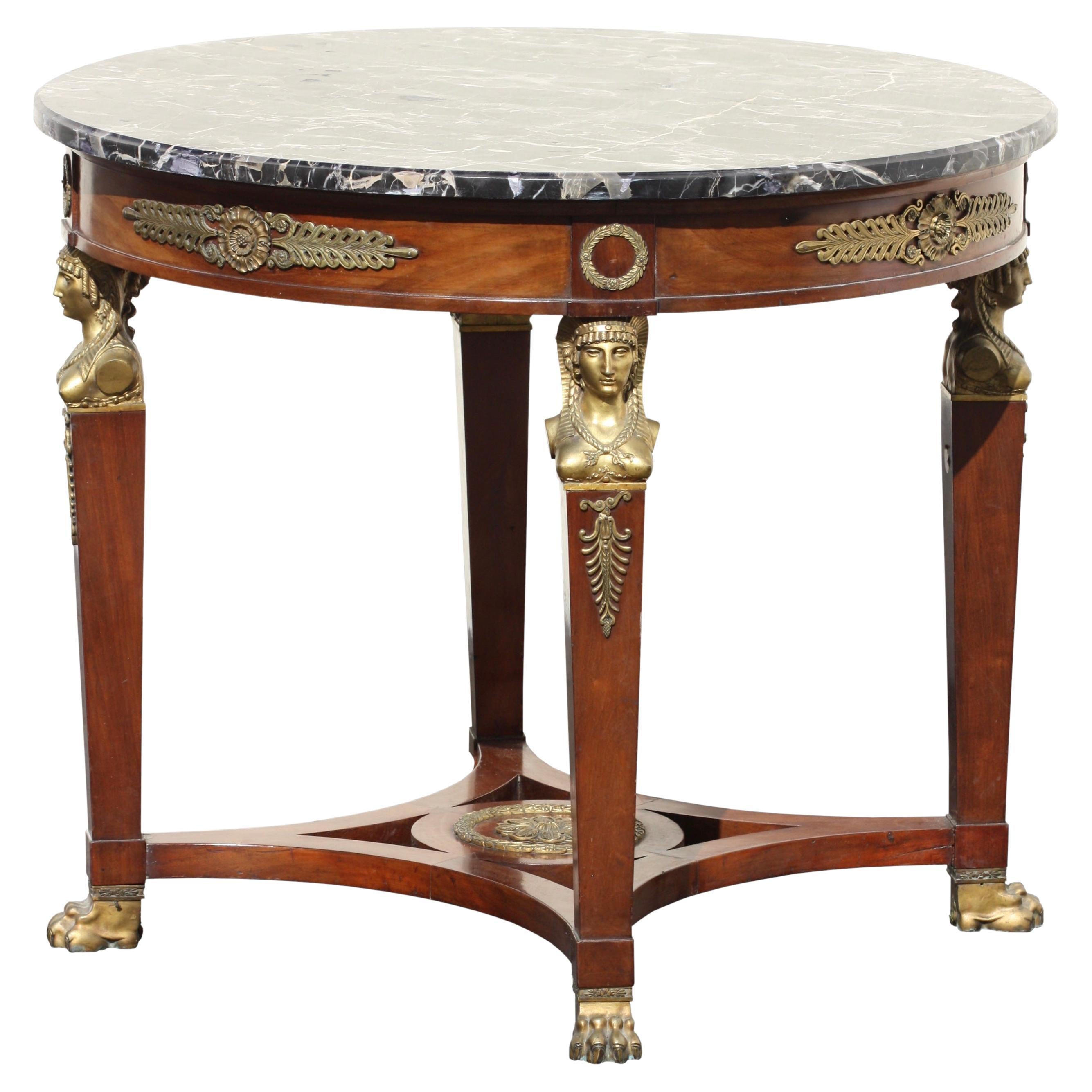 Empire Style Ormolu-Mounted Mahogany Marble Top Center Table, Late 19th Century For Sale