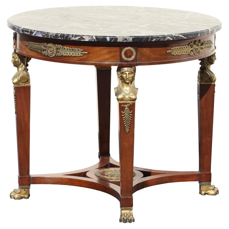 Table D'Appoint Style Empire XIXe - Bronze Doré Et Marbre - 80x50x50 Cm
