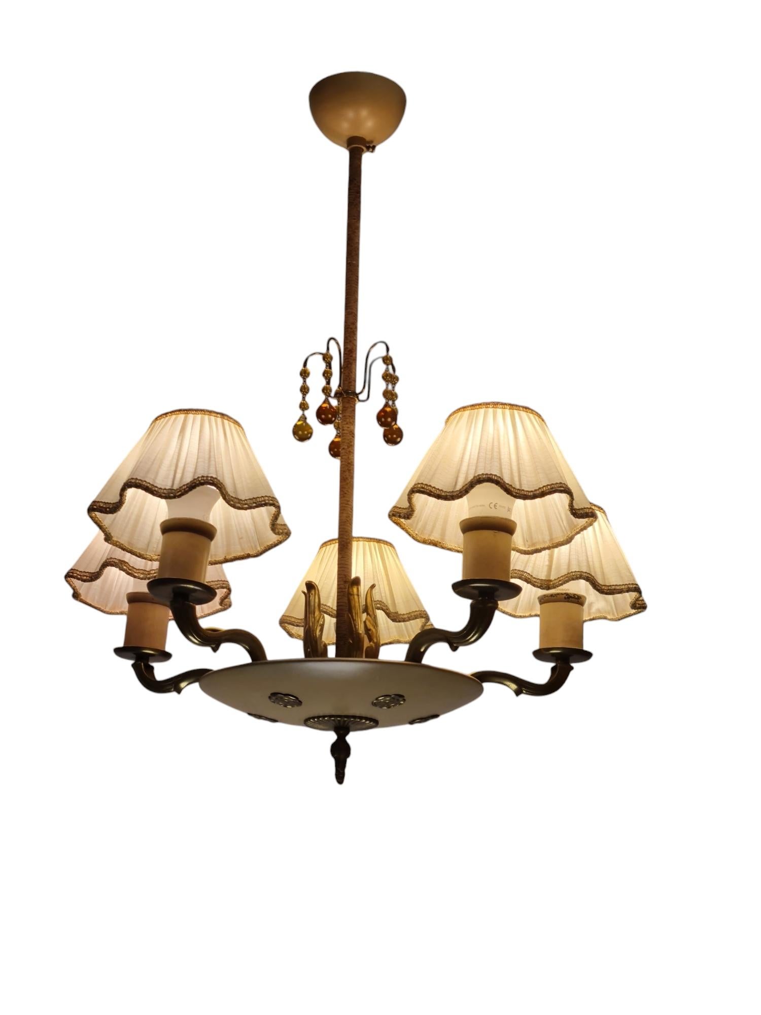 Empire Style Paavo Tynell Pendant 1374, Brass, Metal & Amber Glass, Taito 1940s For Sale 5