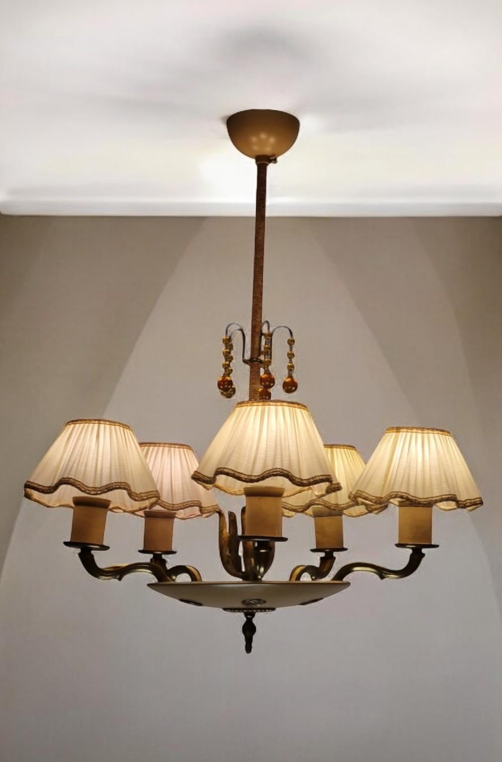 Empire Revival Empire Style Paavo Tynell Pendant 1374, Brass, Metal & Amber Glass, Taito 1940s For Sale