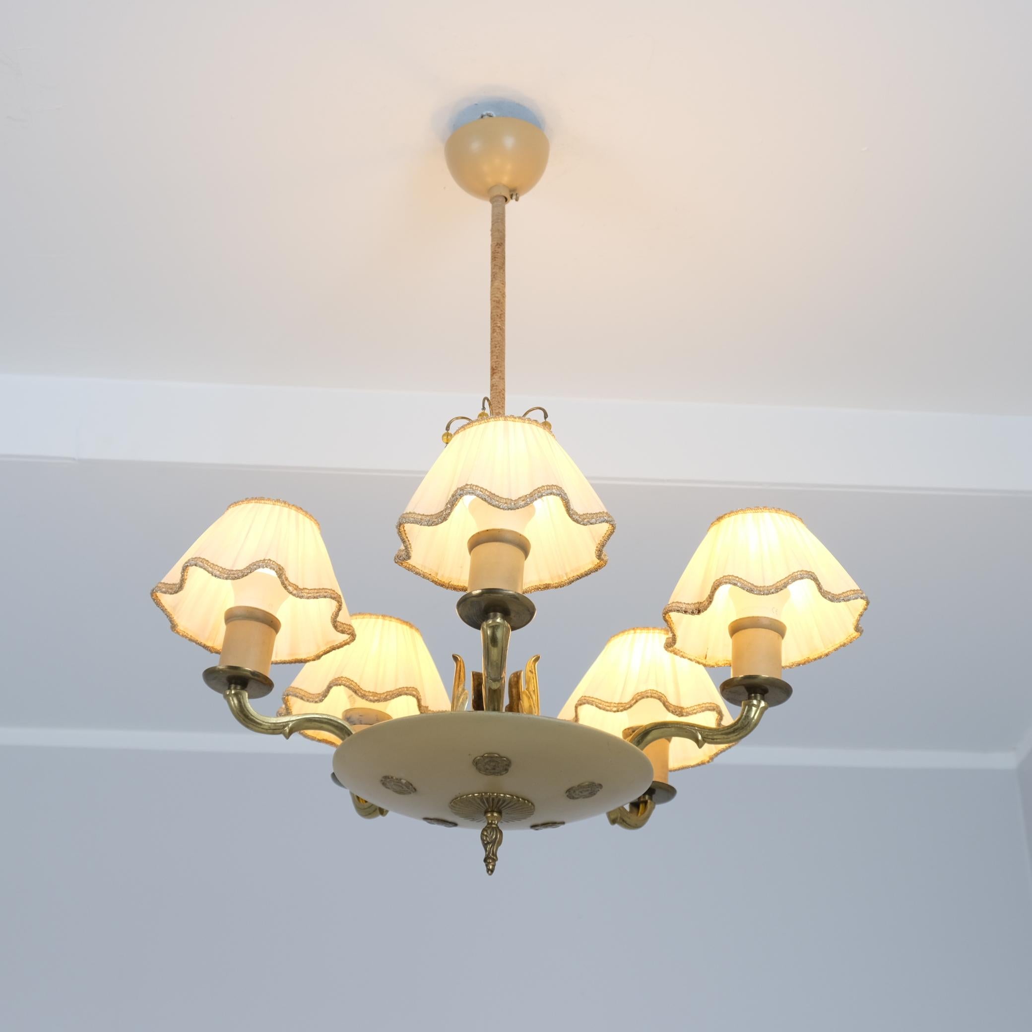 Empire Revival Empire Style Paavo Tynell Pendant 1374, Brass, Metal & Amber Glass, Taito 1940s For Sale