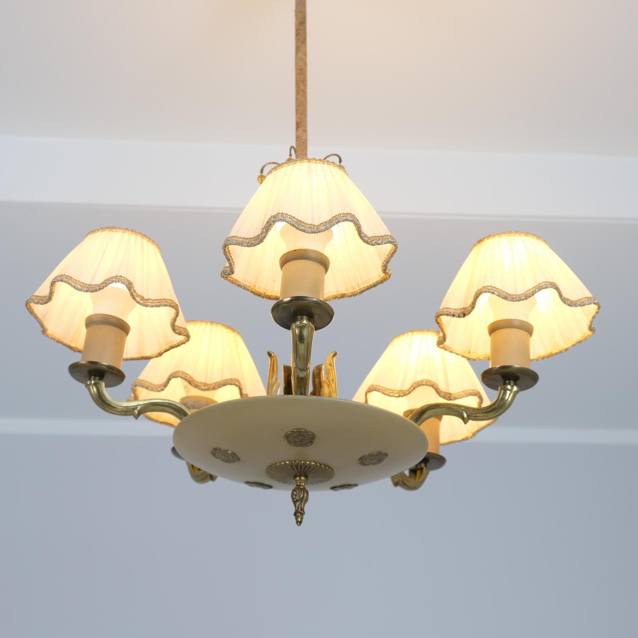 Finnish Empire Style Paavo Tynell Pendant 1374, Brass, Metal & Amber Glass, Taito 1940s For Sale