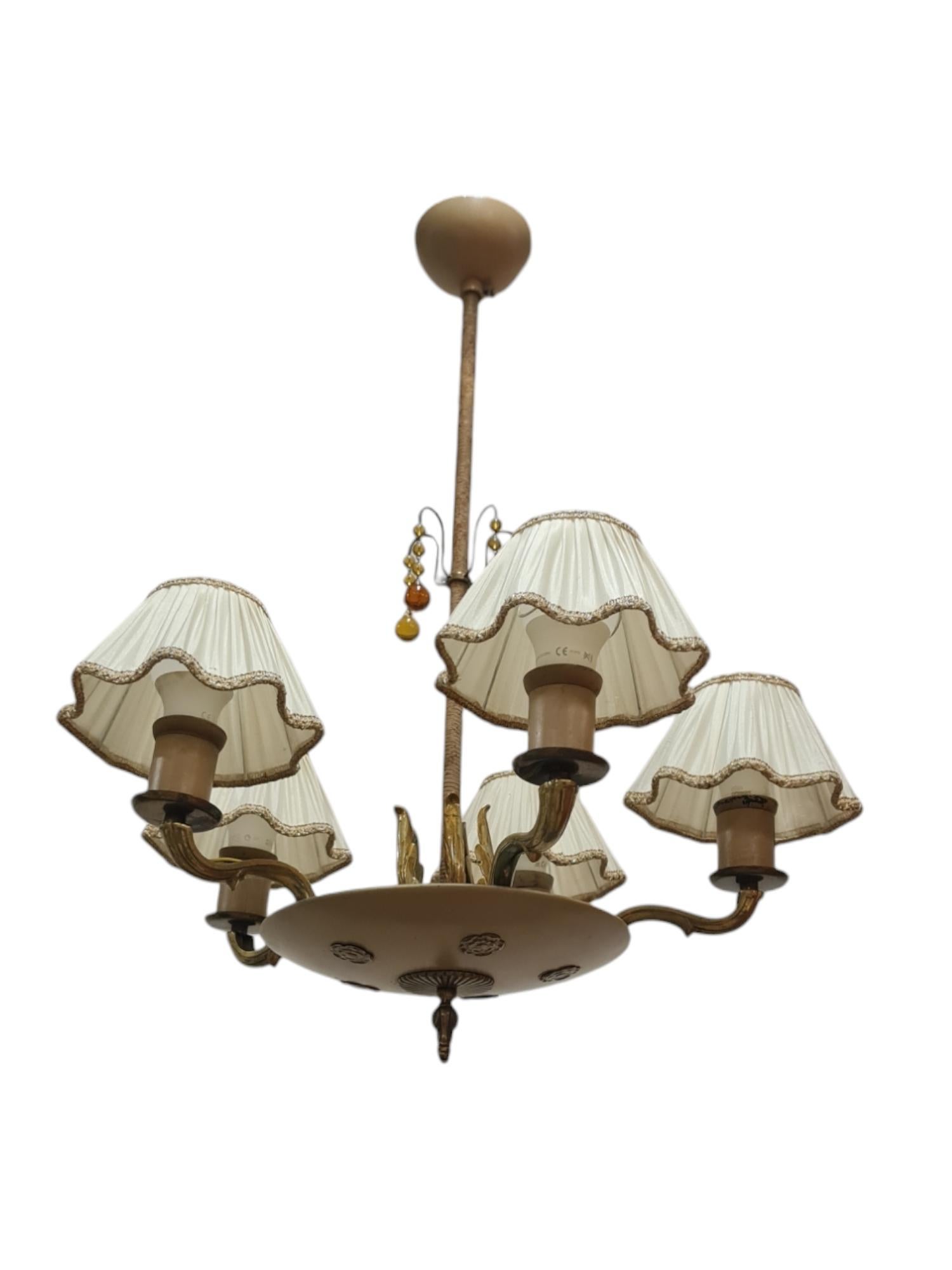 Mid-20th Century Empire Style Paavo Tynell Pendant 1374, Brass, Metal & Amber Glass, Taito 1940s For Sale