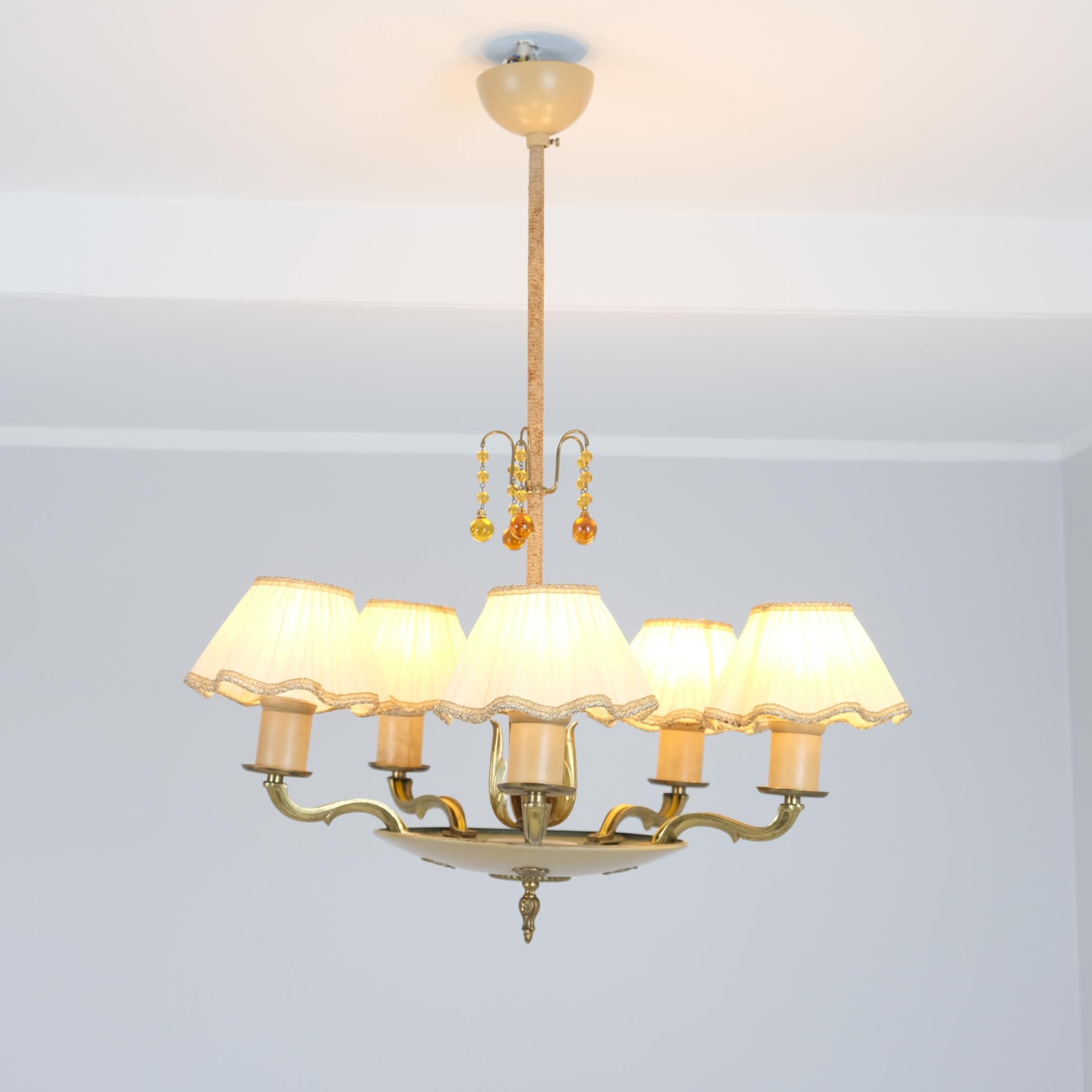 Empire Style Paavo Tynell Pendant 1374, Brass, Metal & Amber Glass, Taito 1940s In Good Condition For Sale In Helsinki, FI