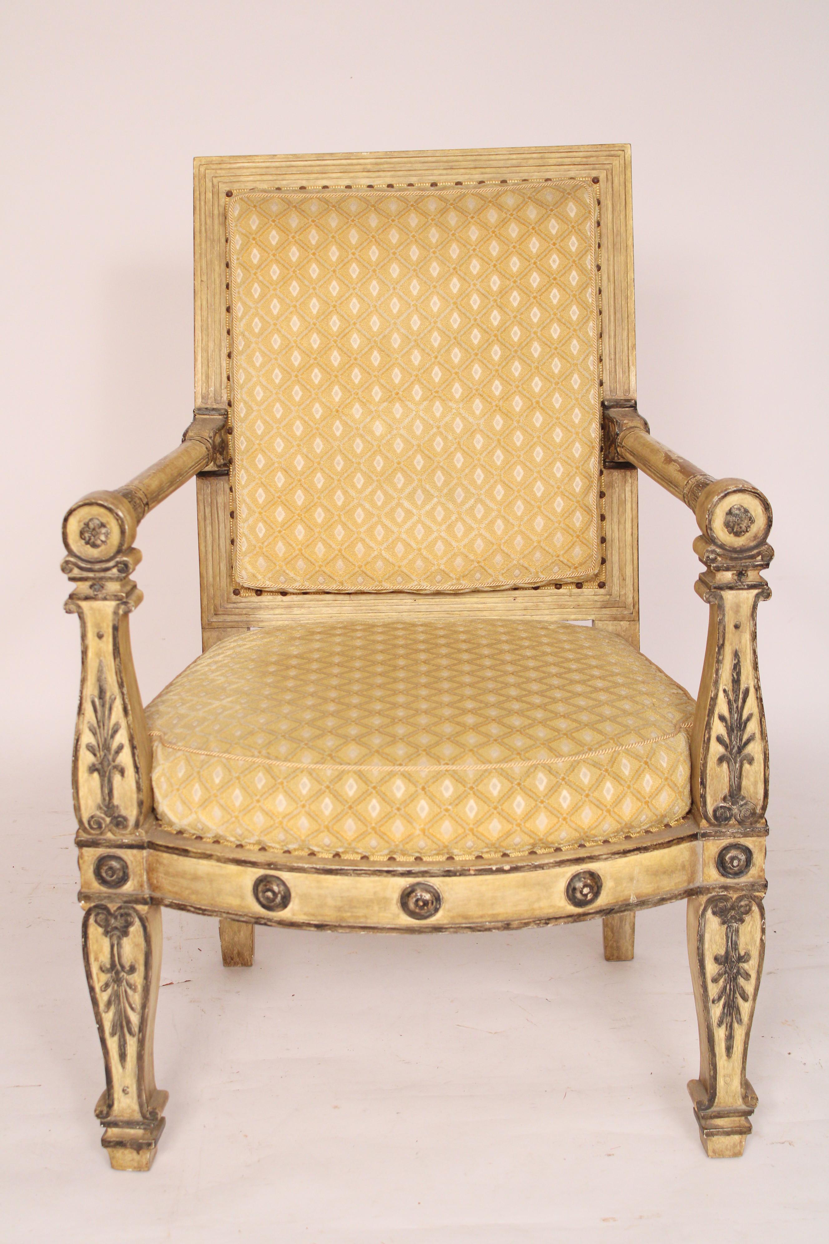 Empire style painted armchair, circa late 20th century. With paint intentionally distressed to imitate age. Attributed to Hendrix and Allardyce, 
