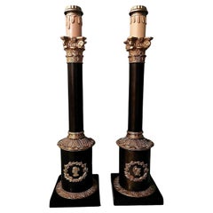Empire Style Pair Of Italian Bronze And Brass Column Table Lamps