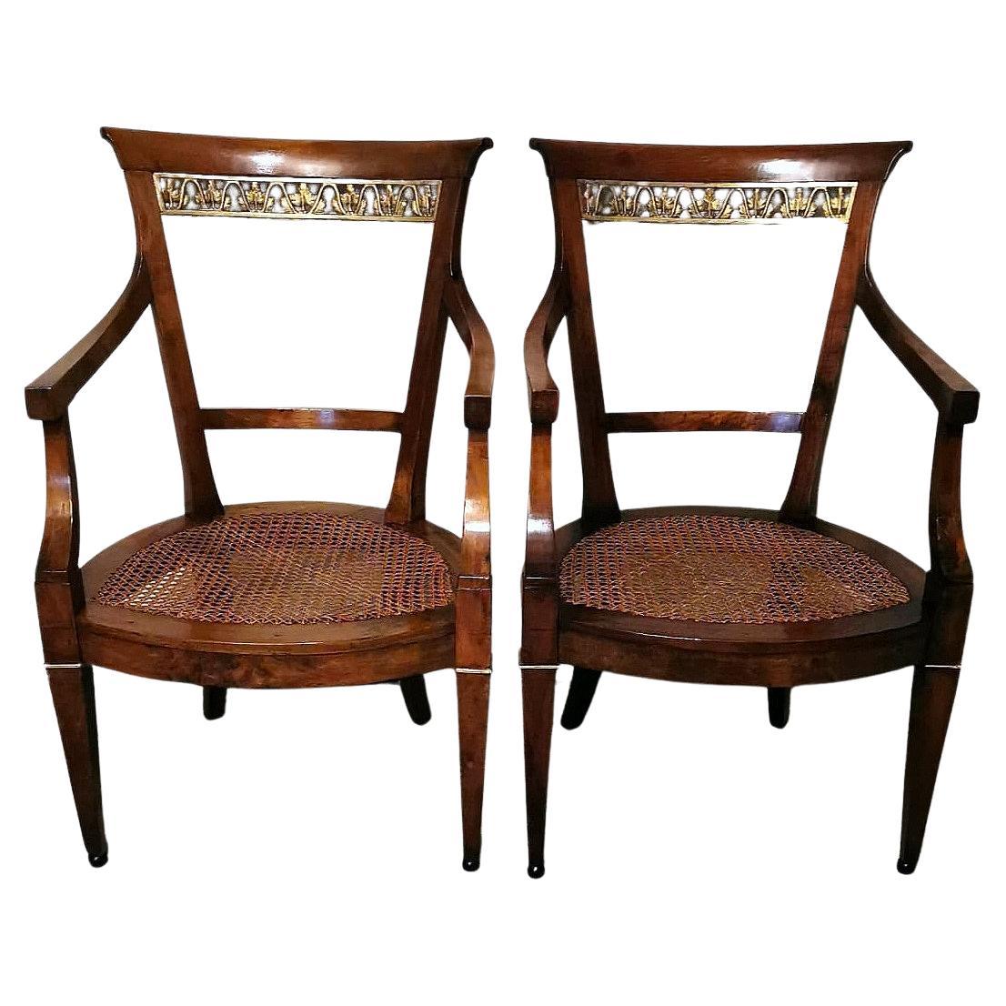 Empire Style Pair Of Italian Chairs "King" With "Vienna Straw" For Sale