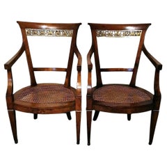 Empire Style Pair Of Italian Chairs "King" With "Vienna Straw"