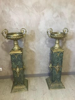 Empire Style Pair of Italian Green Marble and Gilted Bronze Columns