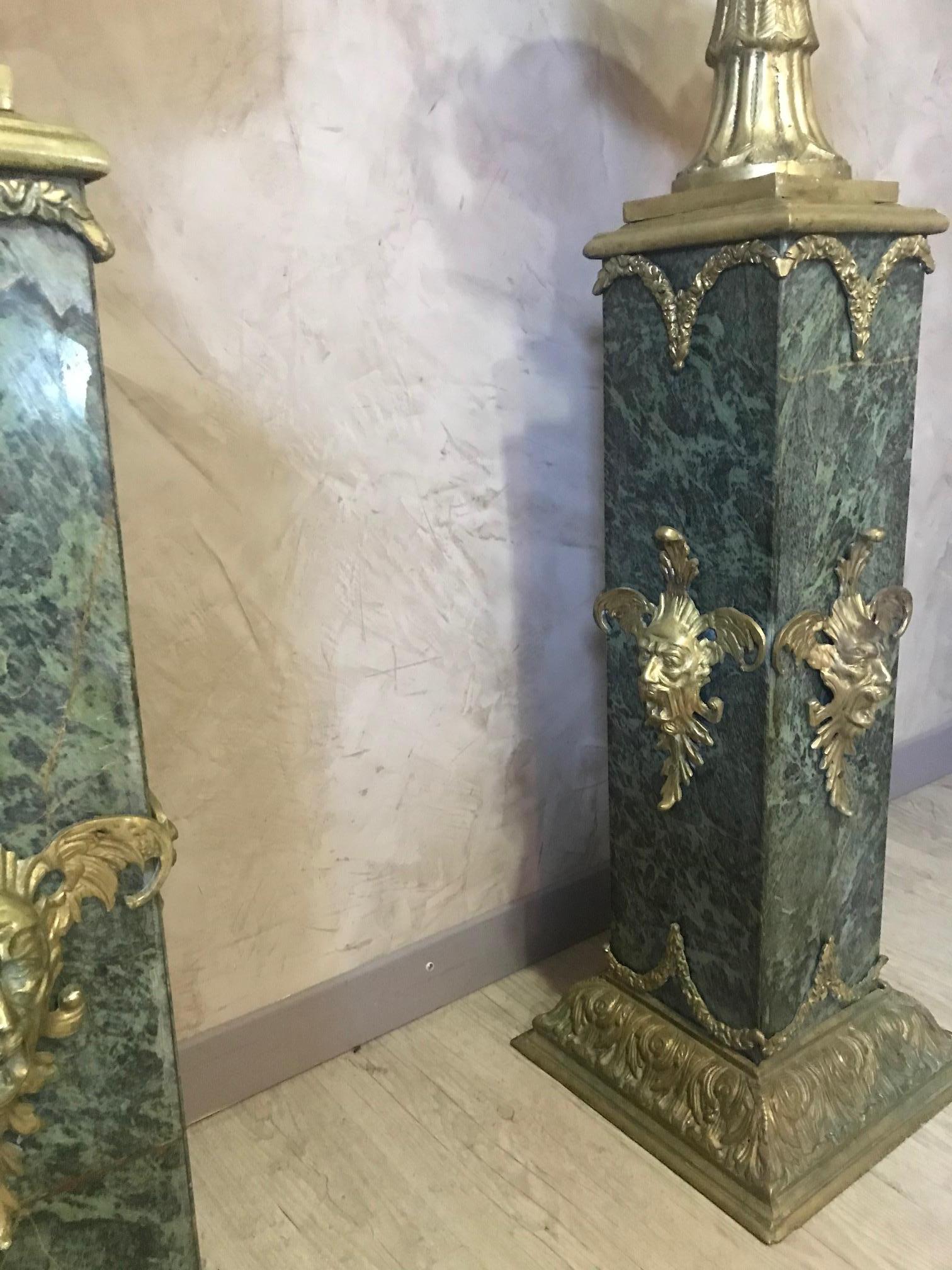 Empire Style Pair of Italian Green Marble and Gilted Bronze Columns For Sale 15