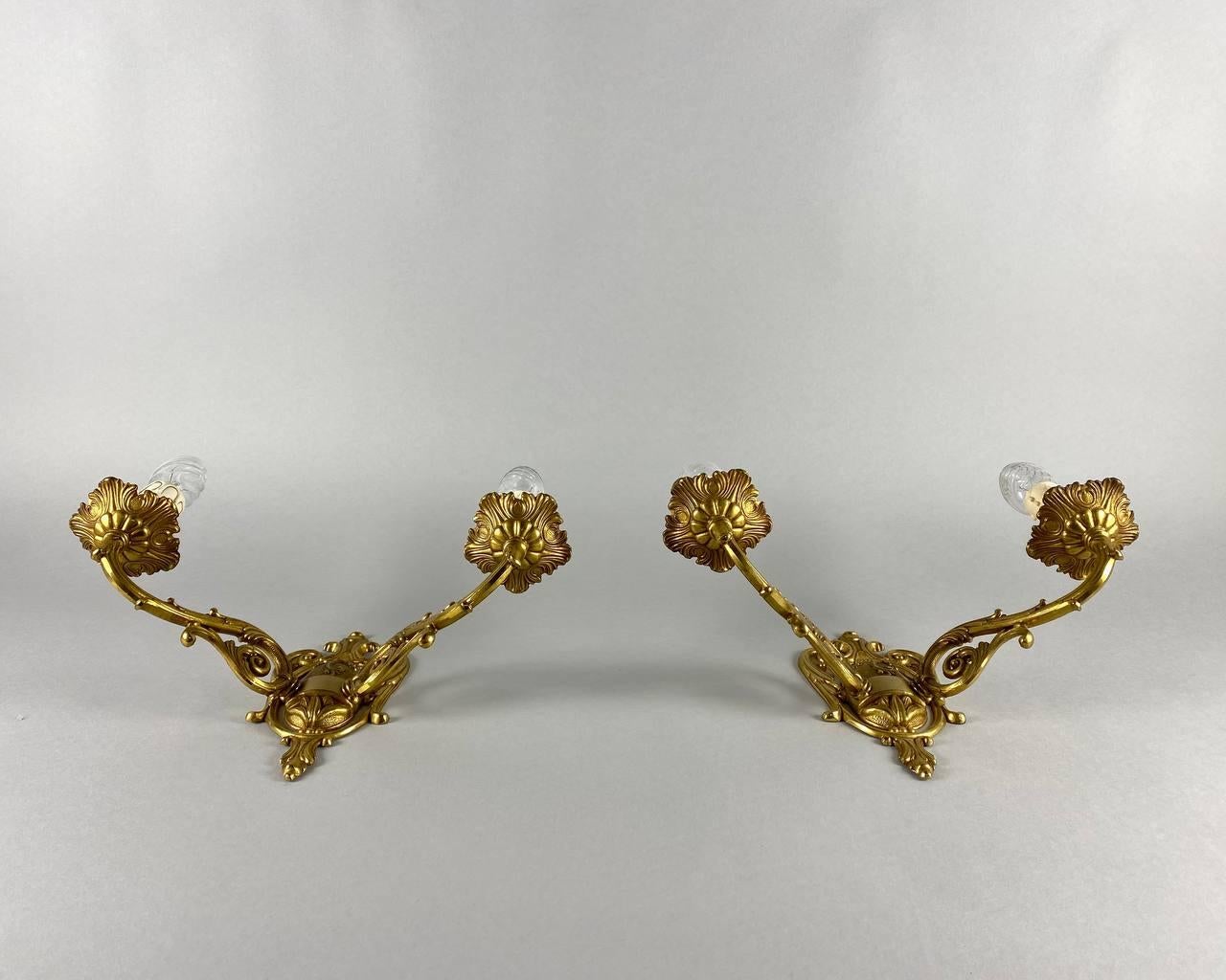 Empire Style Paired Wall Sconces in Gilt Brass Double Arm Wall Lamps 2