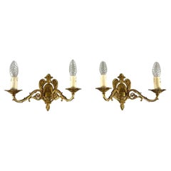 Empire Style Paired Wall Sconces in Gilt Brass Double Arm Wall Lamps