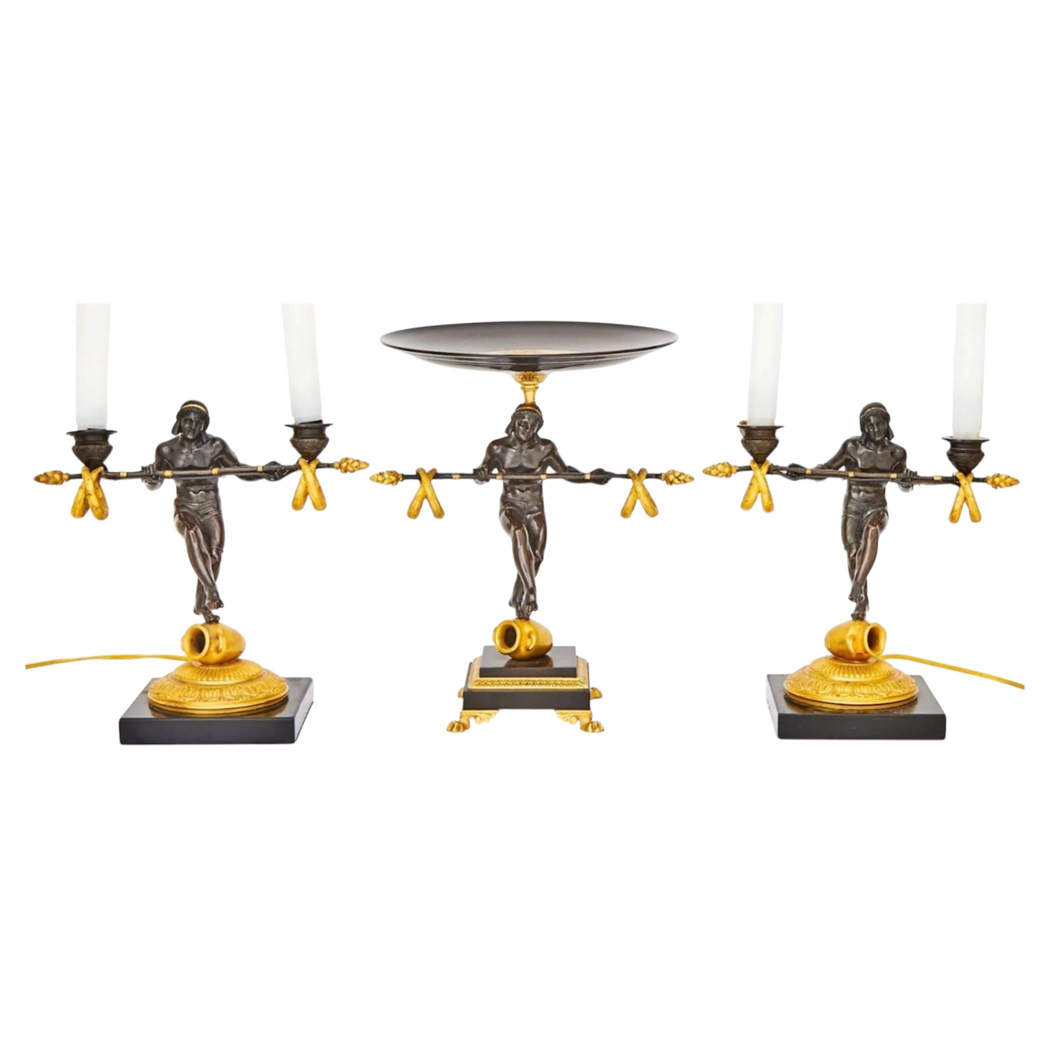 Empire style Patinated and Gilt-Bronze Figural Garniture Set For Sale