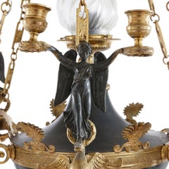 Patinierter und vergoldeter Sechs-Leuchten-Kronleuchter mit Schale, Bronze, Empire-Stil