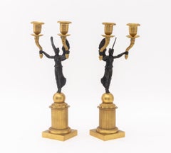 Empire Style Patinated and Gilt Metal Candelabra, Pair