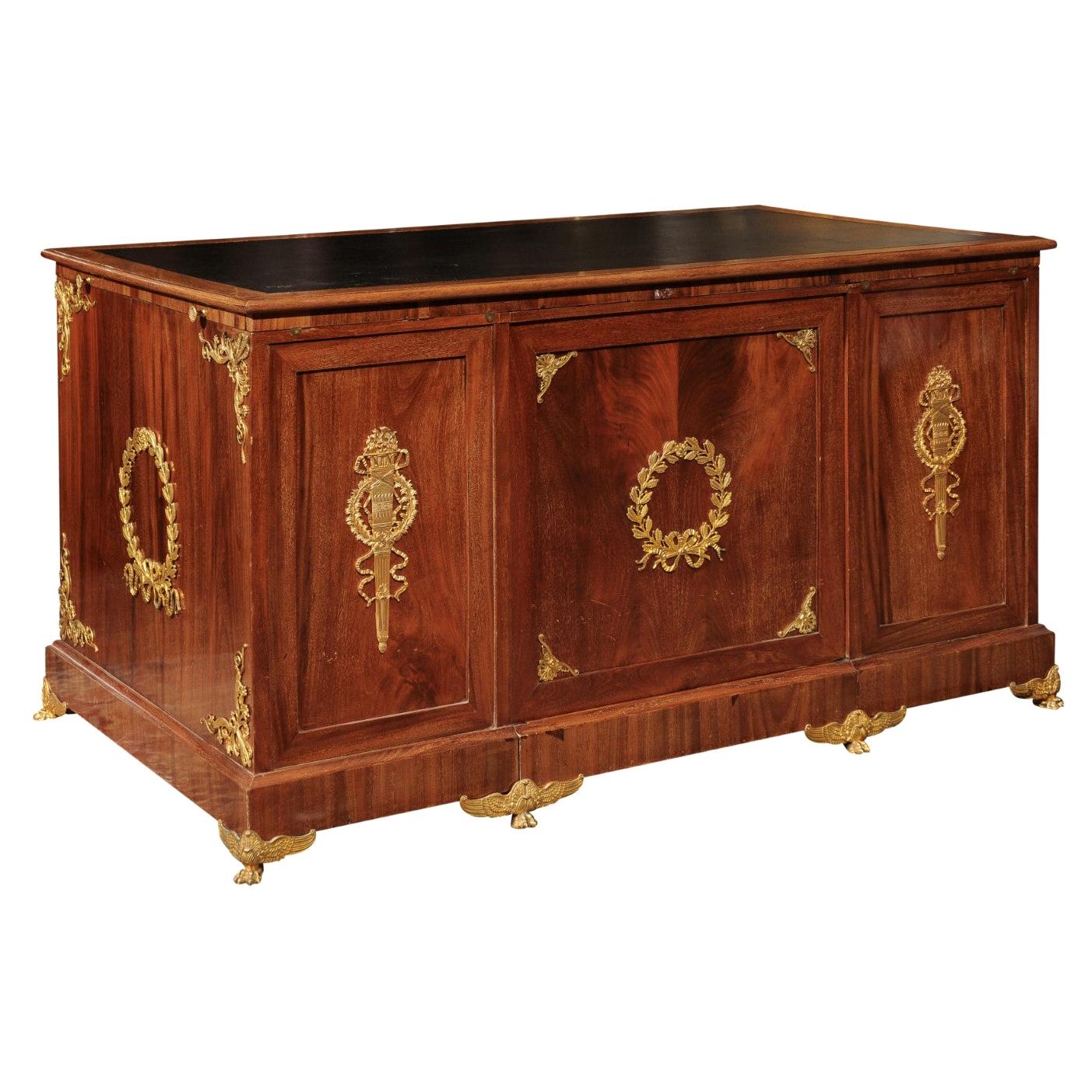 Empire Style Pedestal Desk in Mahogany with Gilt Bronze Mounts, France ca. 1830 For Sale