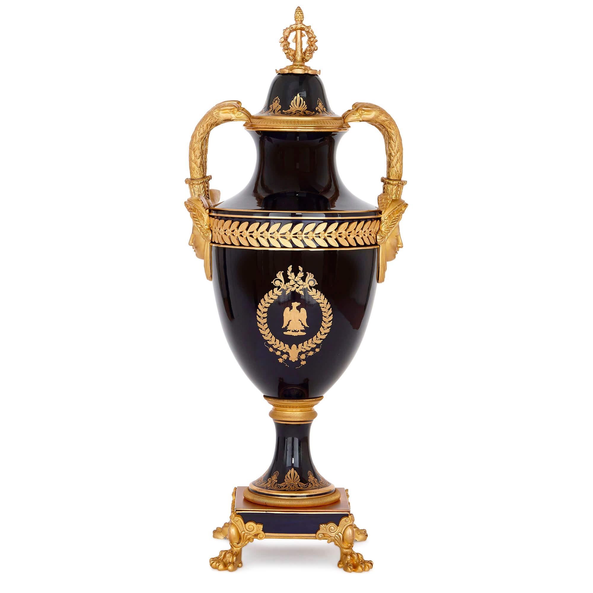 Neoclassical Empire Style Porcelain and Gilt Bronze Napoleon Vase For Sale