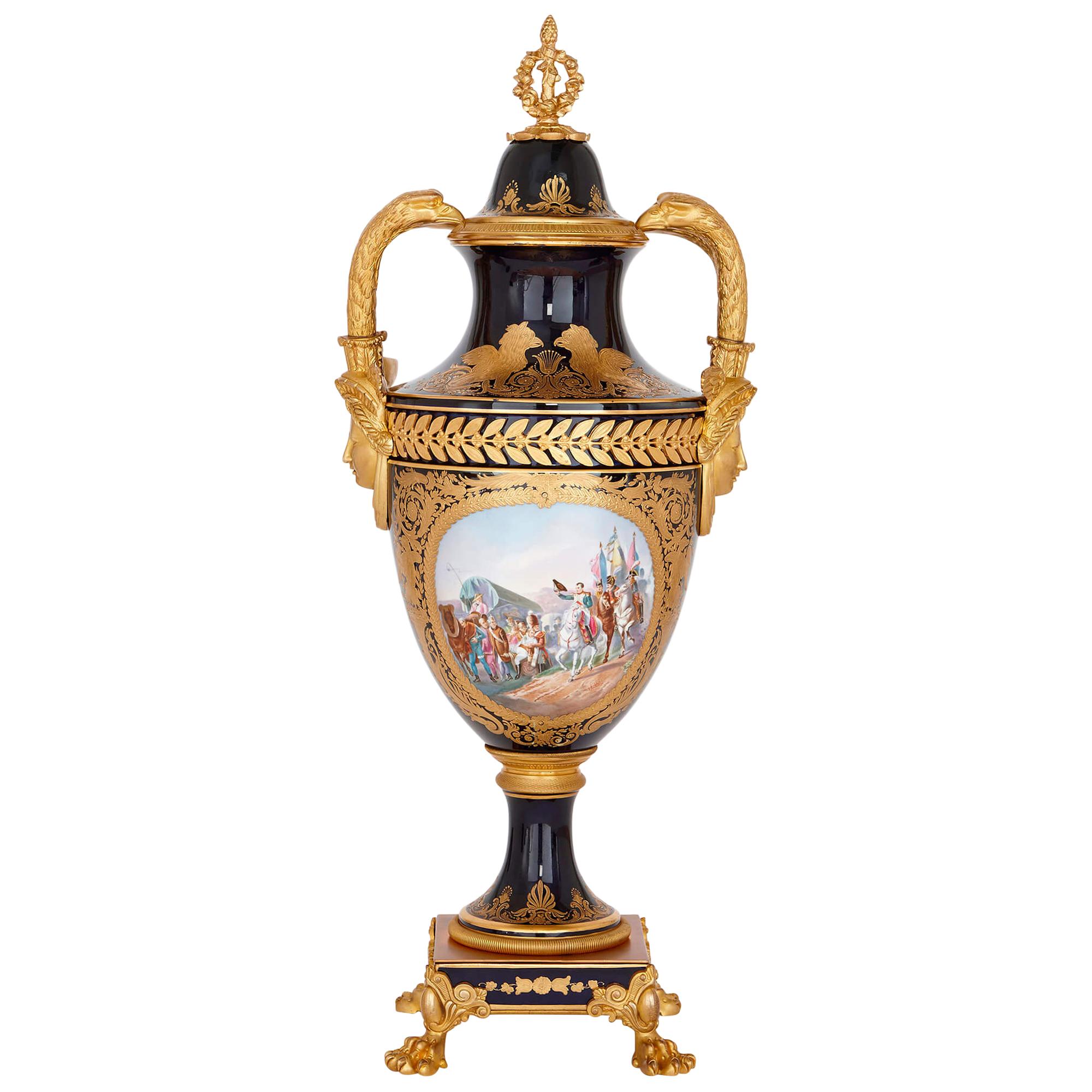 Empire Style Porcelain and Gilt Bronze Napoleon Vase For Sale