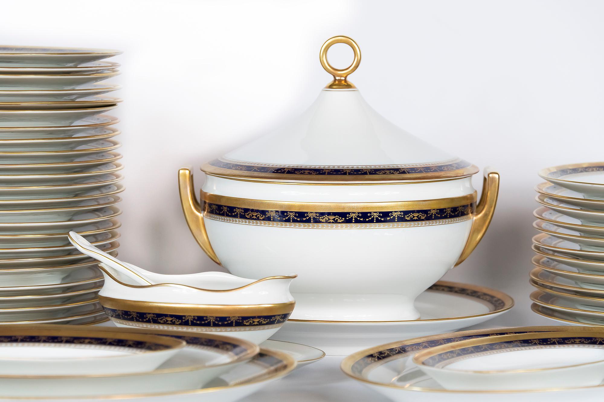 The porcelain set for 12 persons is decorated with cobalt blue/gold decor handmade by Italian porcelain factory Richard Ginori.
Marked: Richard Ginori, Manifattura Di Doccia Florence, Italy.
The total amount of items in the set 57 pcs.
Excellent
