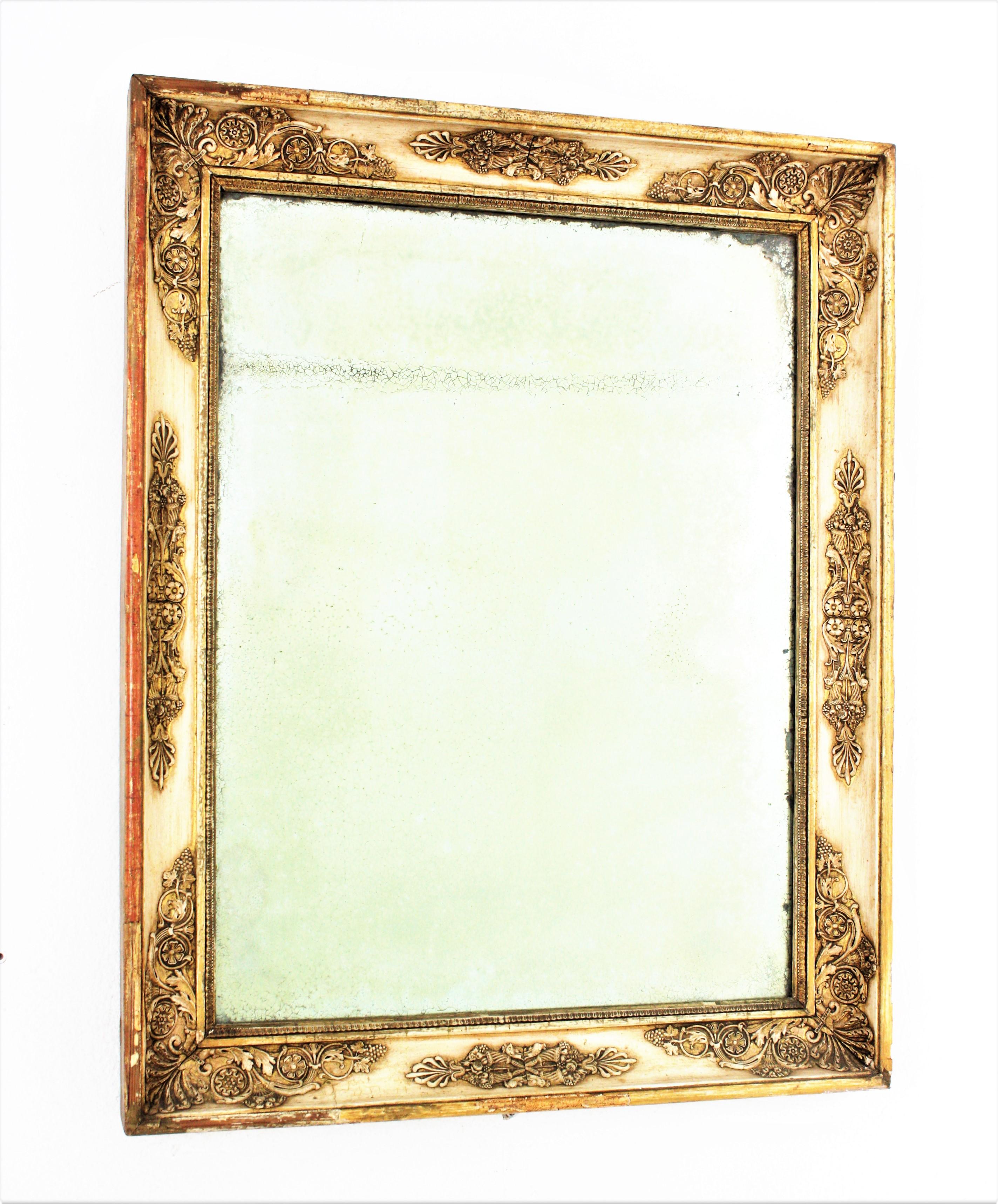Empire Style mirror, France, 1930s.
Beautiful Empire style rectangular mirror in beige patina with neoclassical relief foliage and floral ornamentation with gilded details . 
The frame has a terrific aged patina showing some redish accents and the