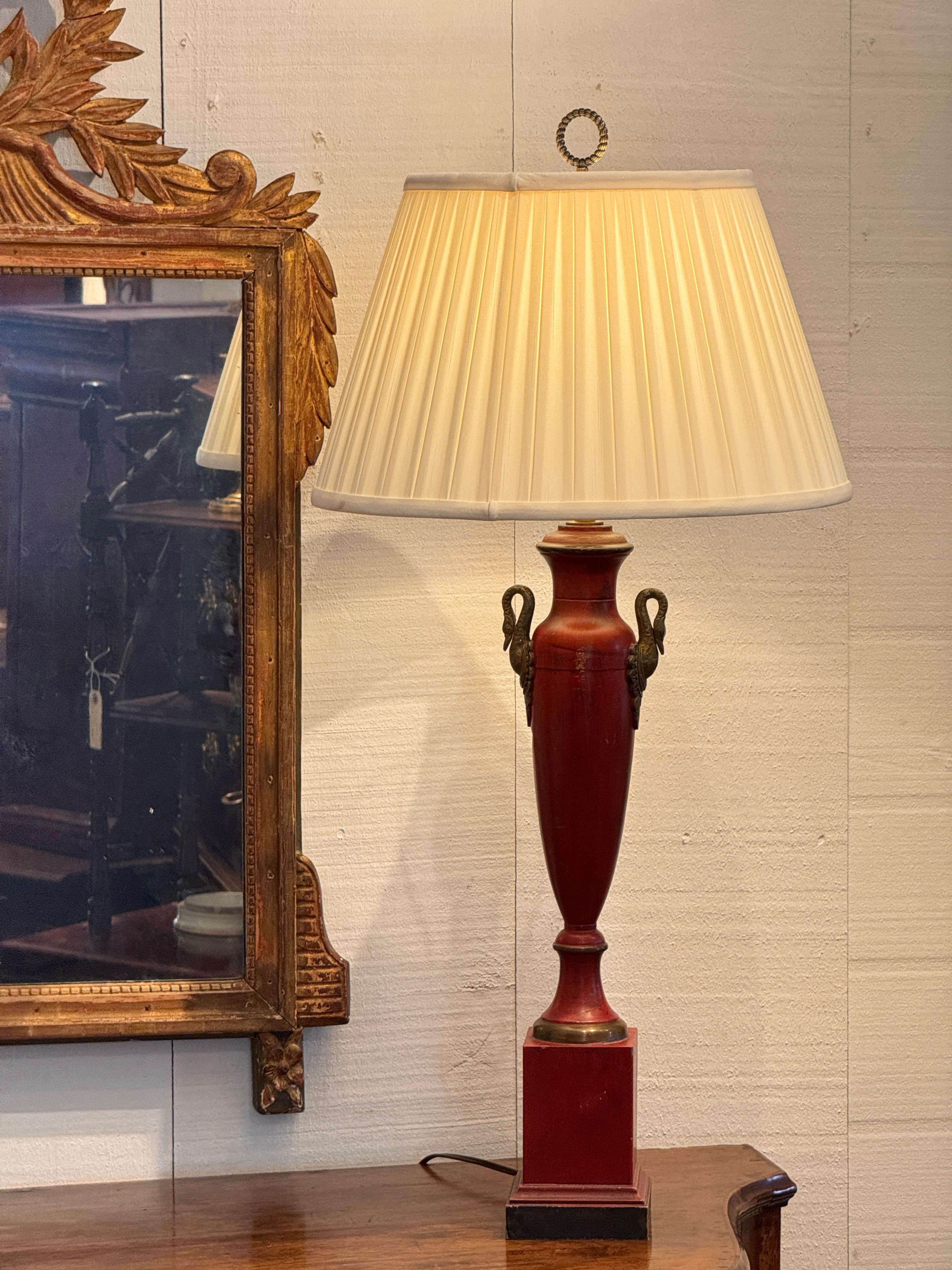 French Empire Style Red Tole Lamp With Swan Handles For Sale